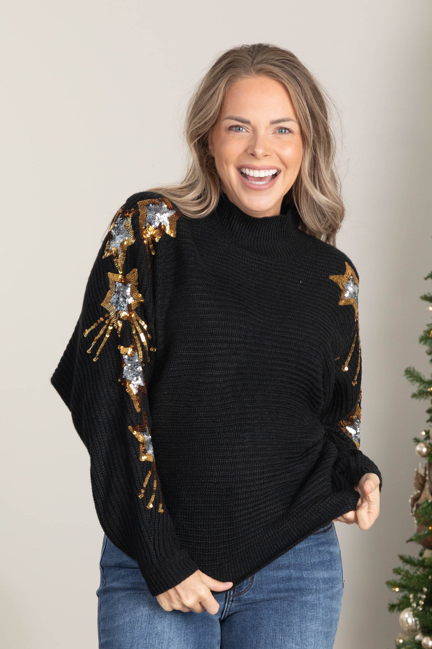 Sequins Embroidered Stars Mock Neck Sweater