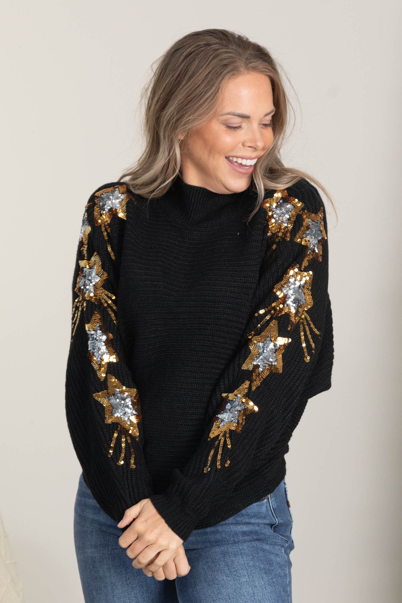 Sequins Embroidered Stars Mock Neck Sweater