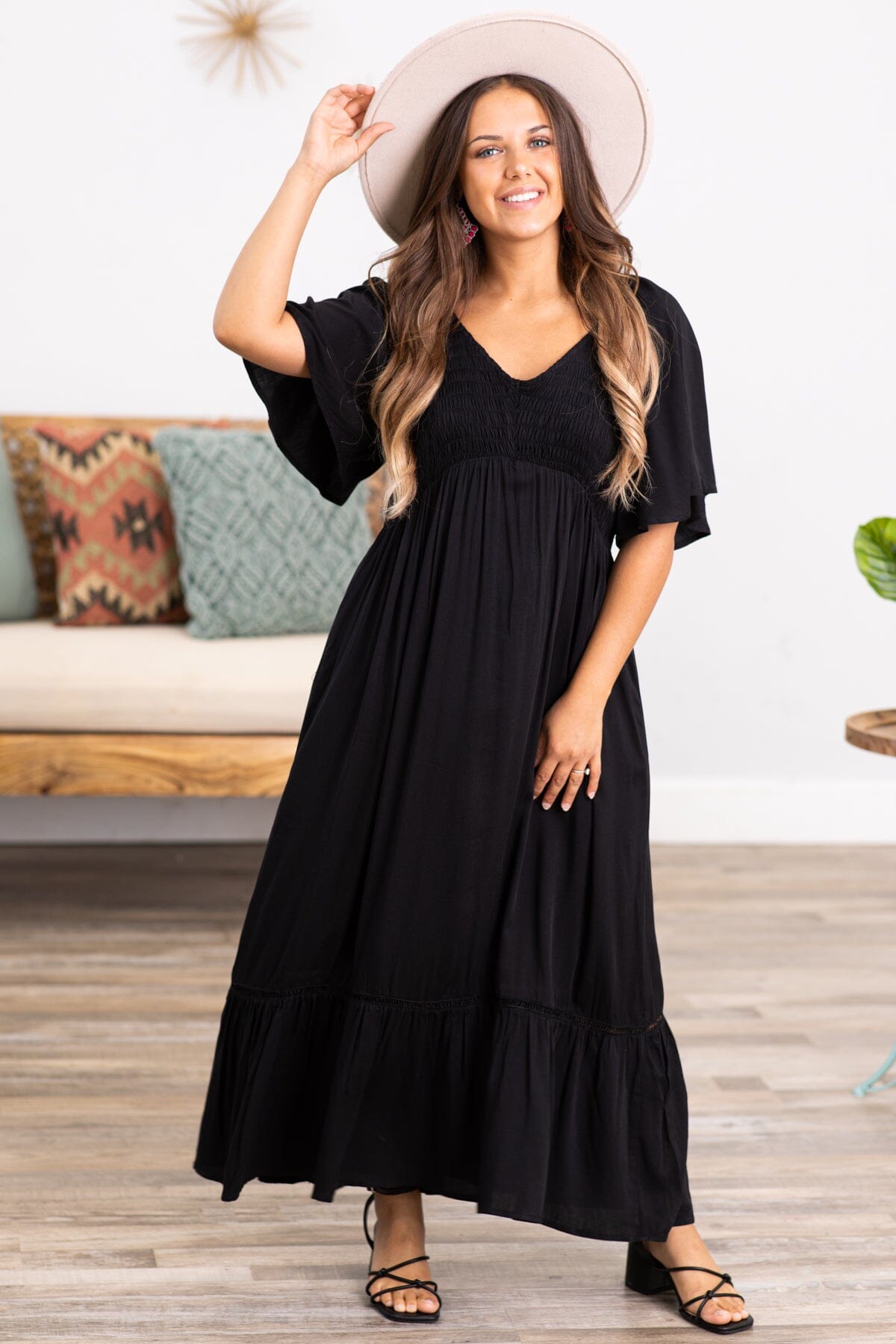 Black Flutter Sleeve Midi Dress With Pockets - Filly Flair