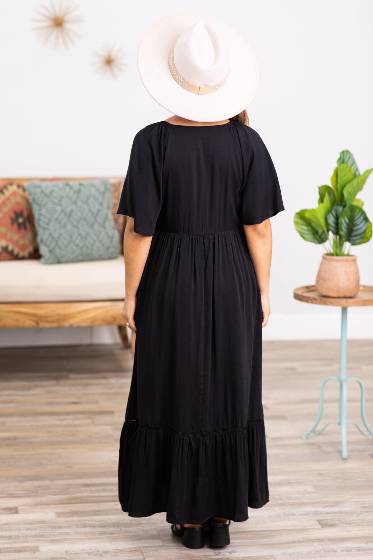 Black Flutter Sleeve Midi Dress With Pockets - Filly Flair
