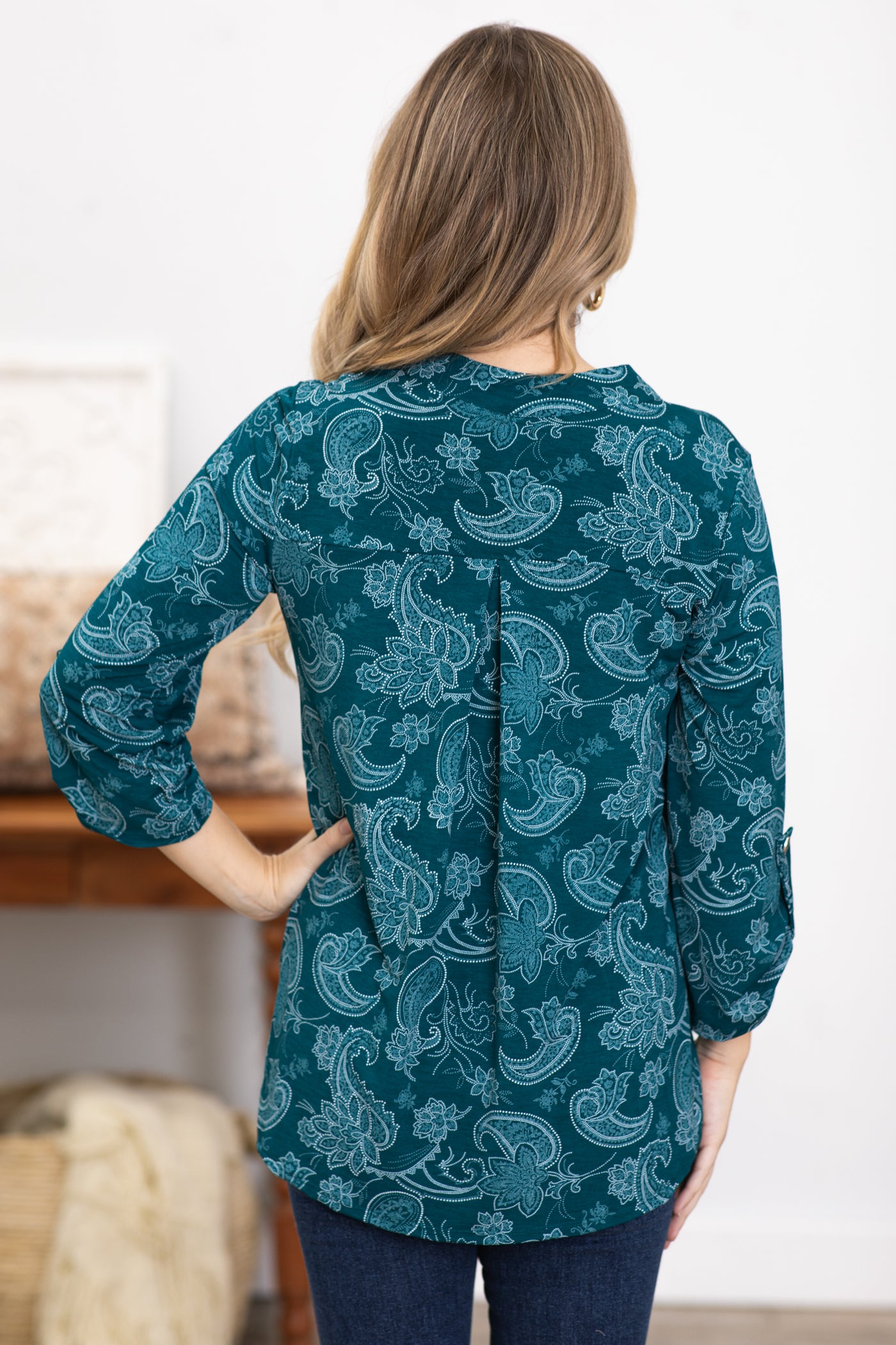 Teal and White Paisley Notch Neck Top
