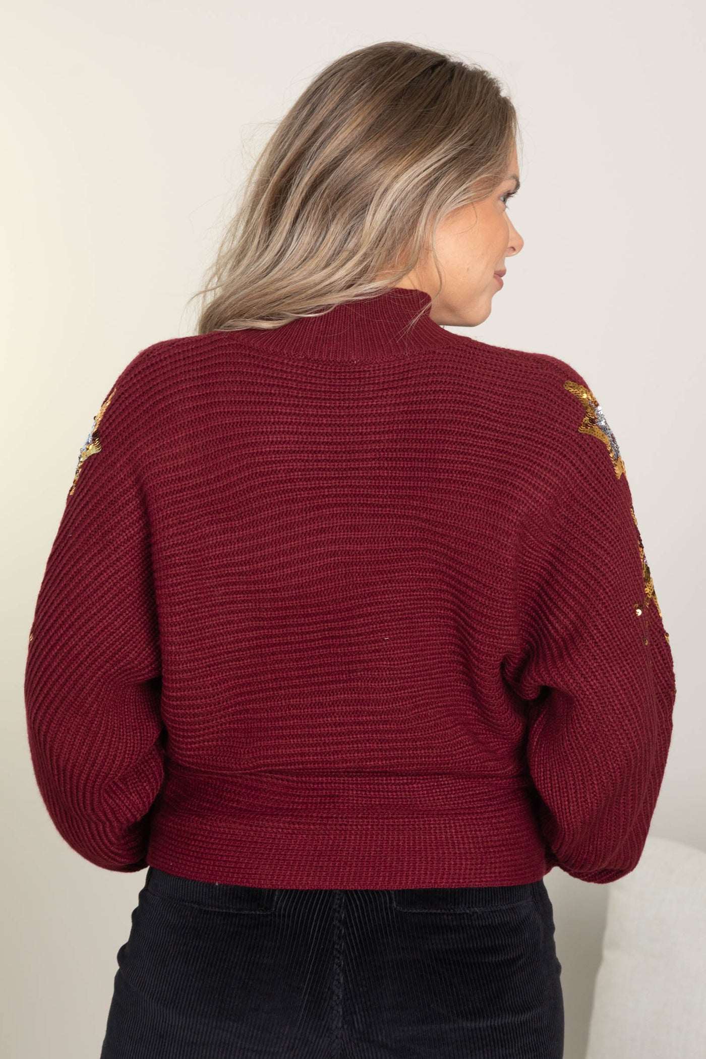 Sequins Embroidered Stars Mock Neck Sweater