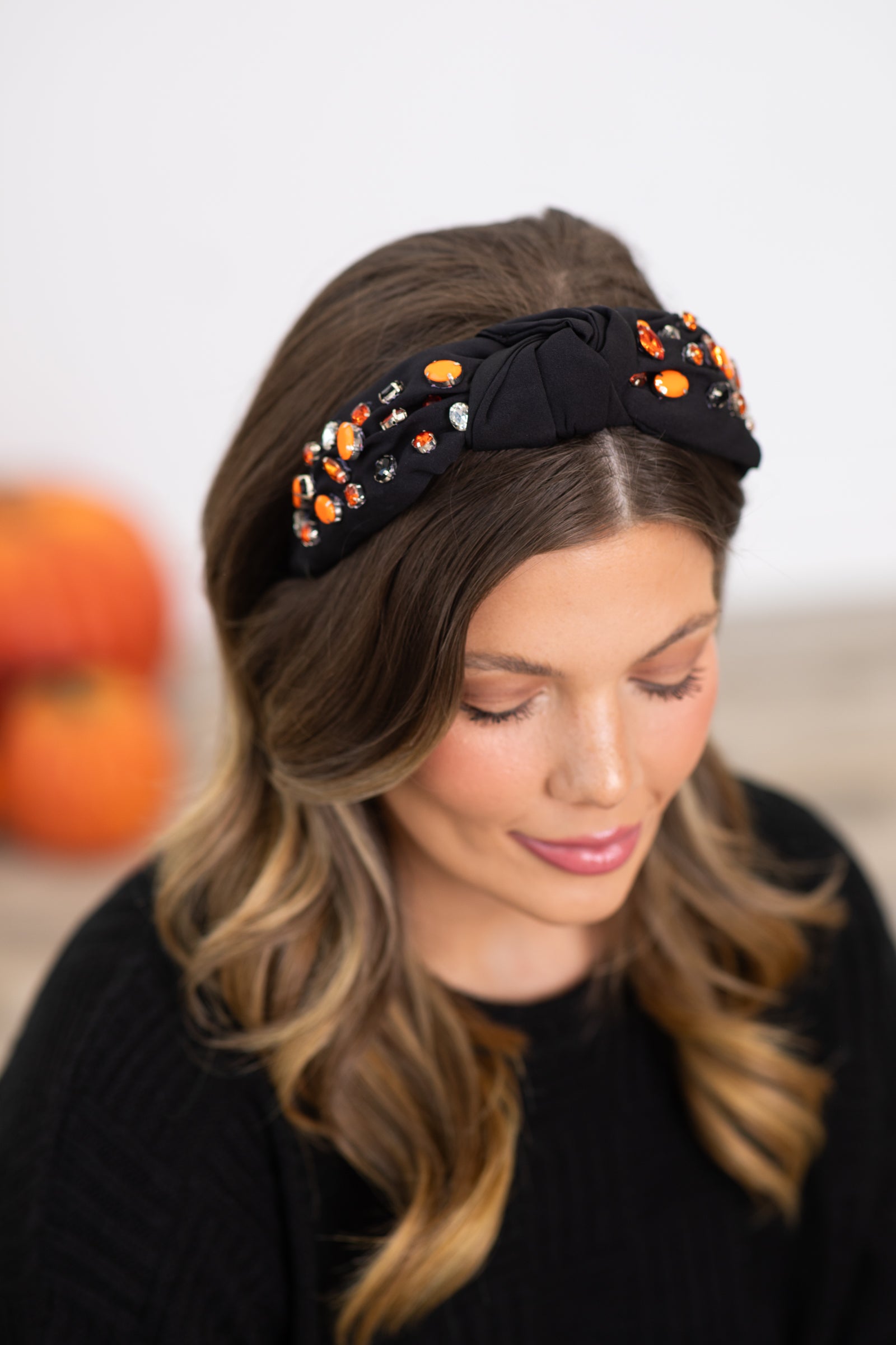 Black Headband With Orange Stones