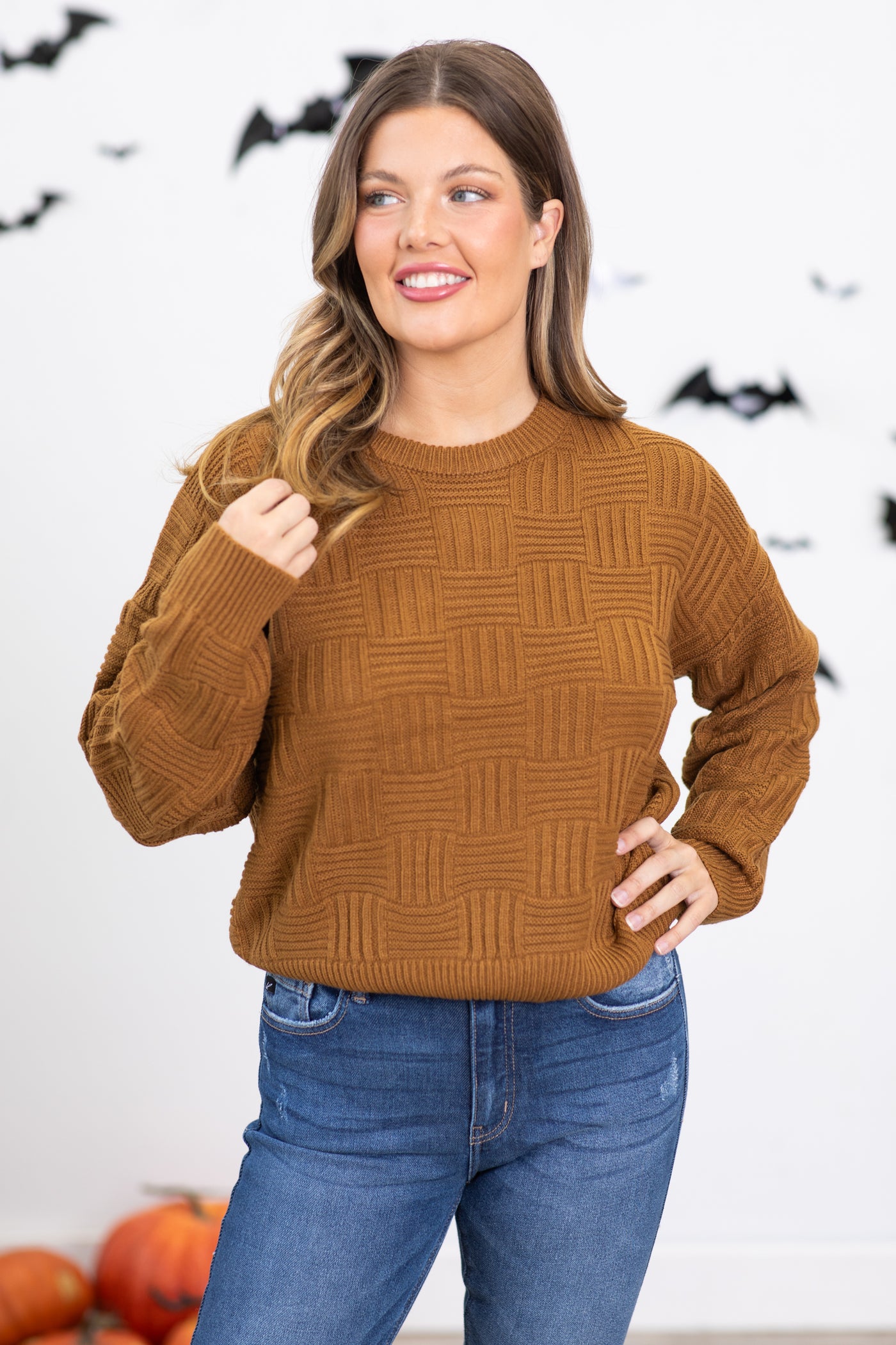 Brown Checkerboard Textured Sweater