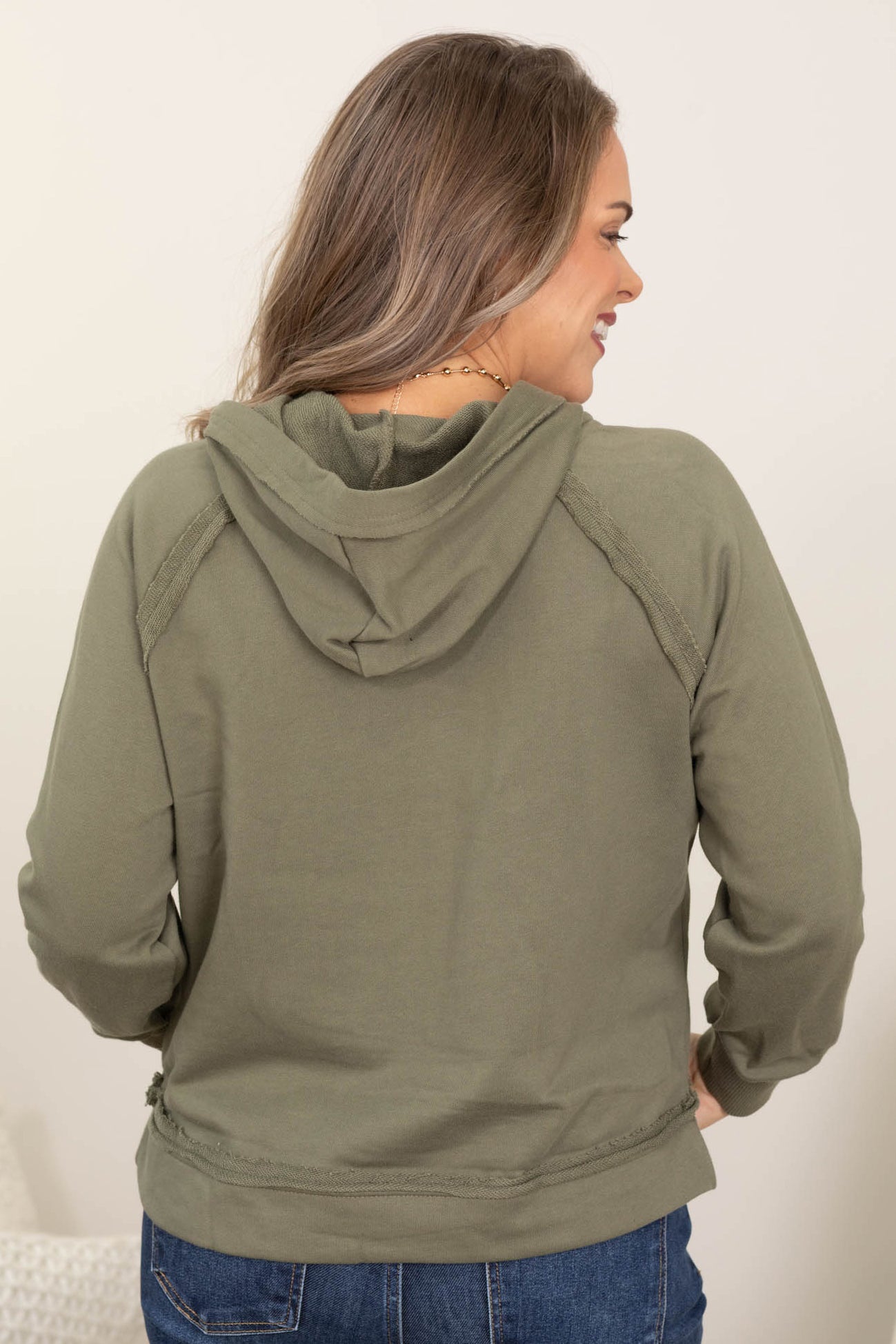 Hooded V-Neck Raw Edge Long Sleeve Knit Tops