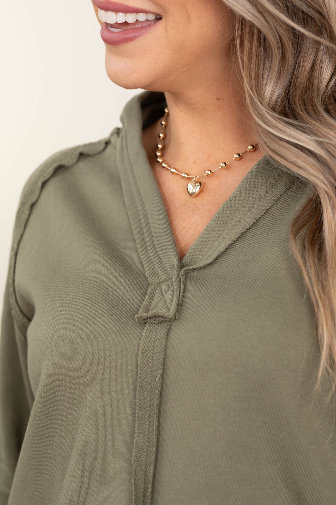 Hooded V-Neck Raw Edge Long Sleeve Knit Tops