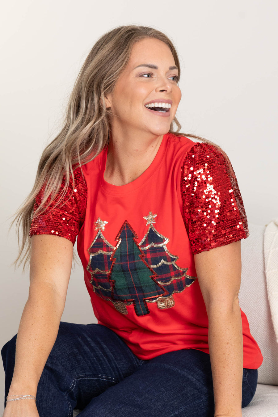 Red Sequin Sleeve Top With Christmas Trees
