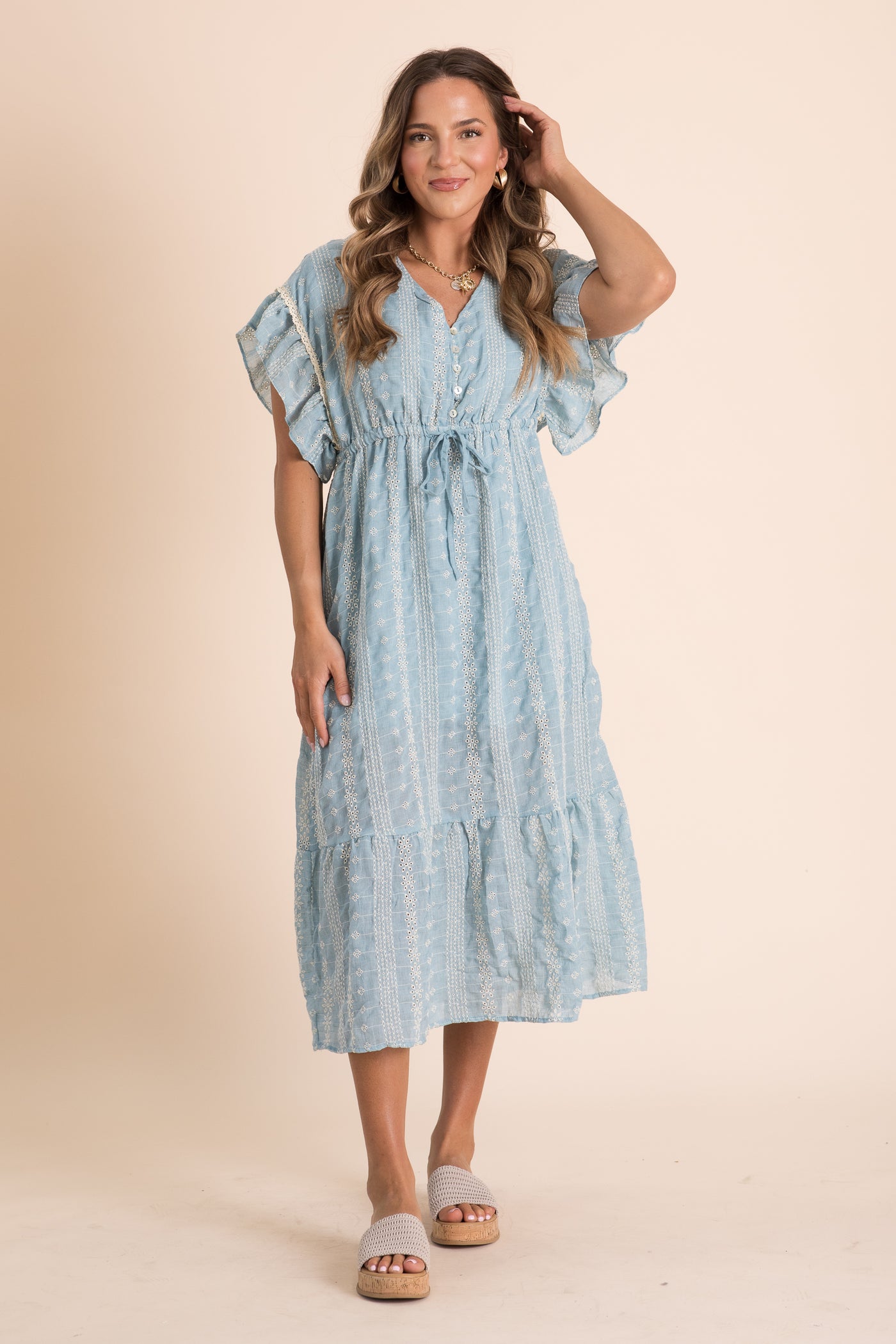 Dusty Blue Embroidered Boho Ruffled Midi Dress Filly Flair Dusty Blue Embroidered Boho Ruffled Midi Dress Filly Flair