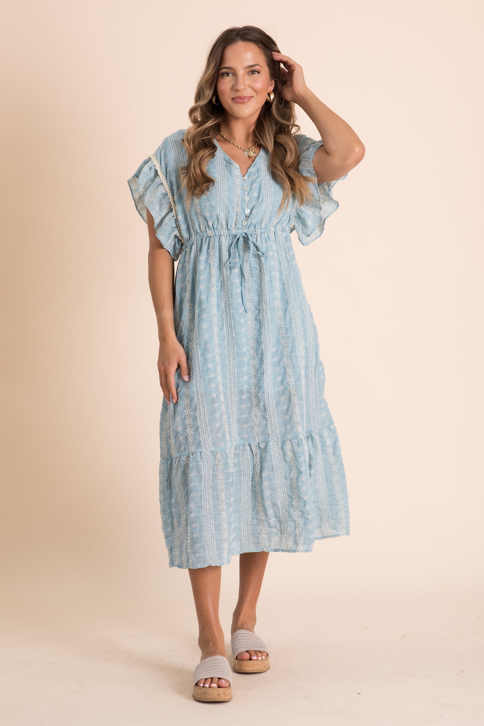Dusty Blue Embroidered Boho Ruffled Midi Dress · Filly Flair
