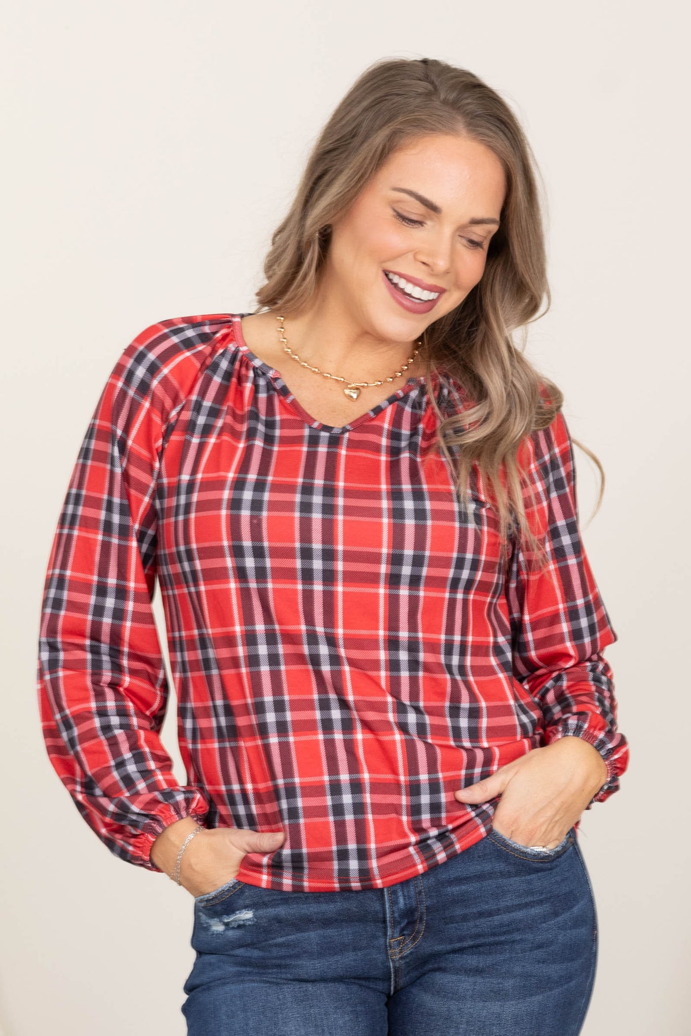 Red Plaid Bubble Sleeve Top With Notch Neck