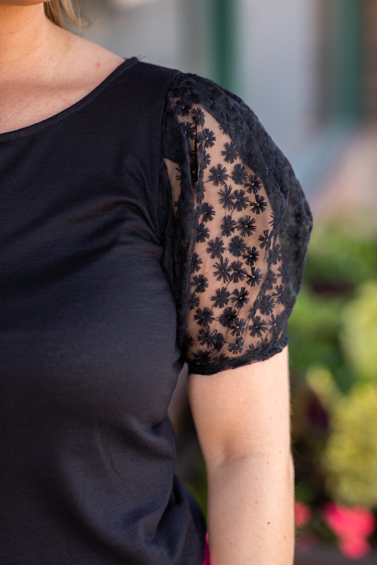 Black Floral Embroidered Puff Sleeve Top - Filly Flair