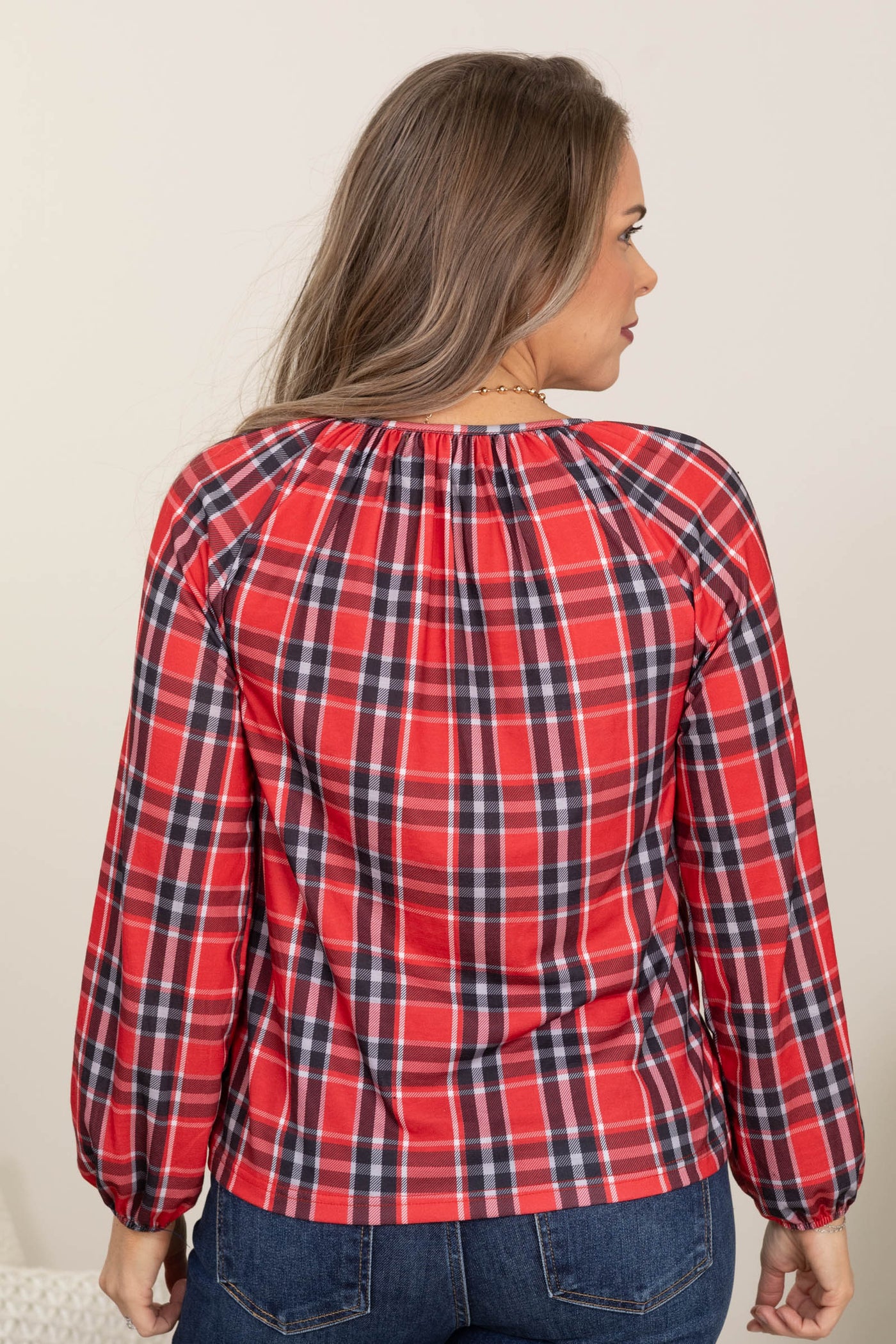 Red Plaid Bubble Sleeve Top With Notch Neck