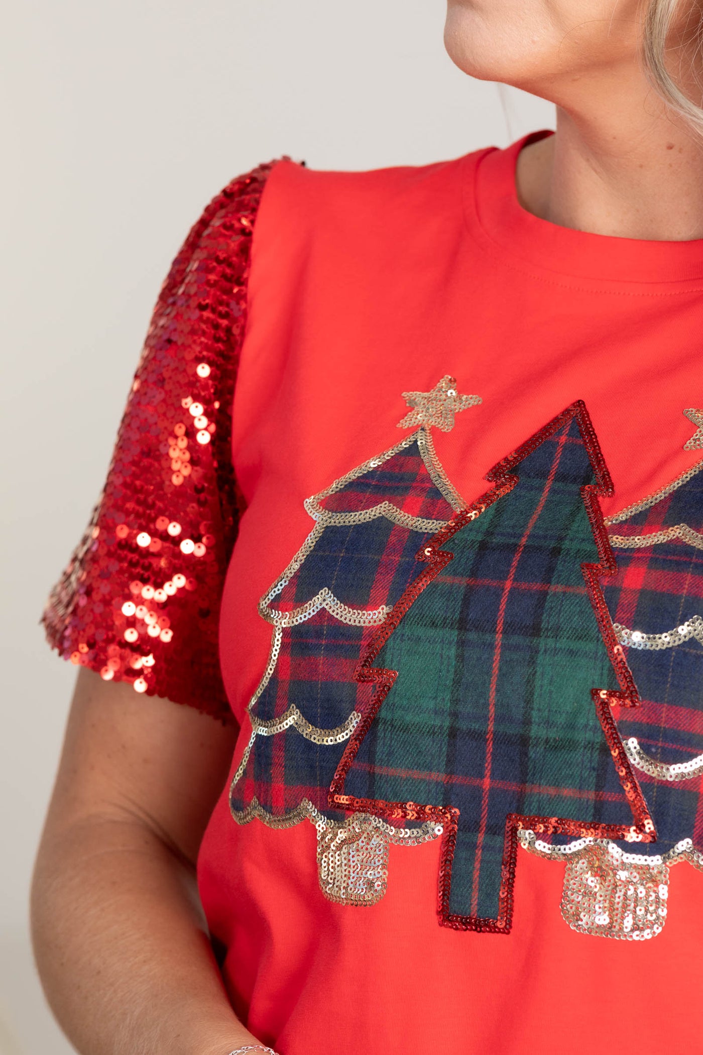 Red Sequin Sleeve Top With Christmas Trees