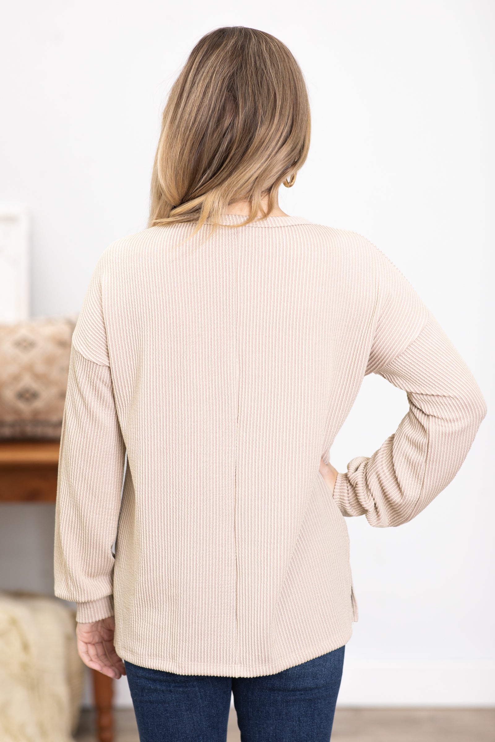 Beige Ribbed Top With Side Slits