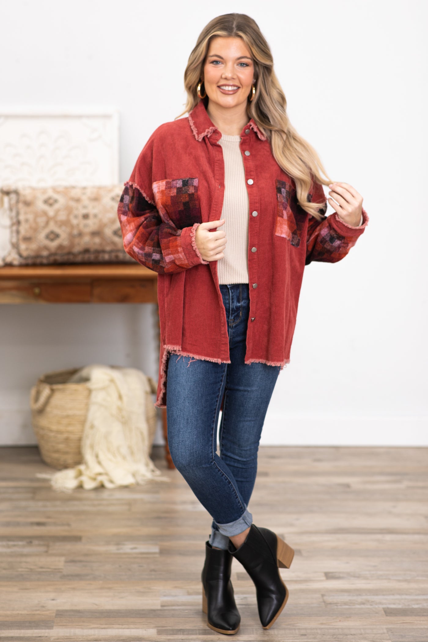 Rust Shacket With Multicolor Geo Print Sleeves · Filly Flair