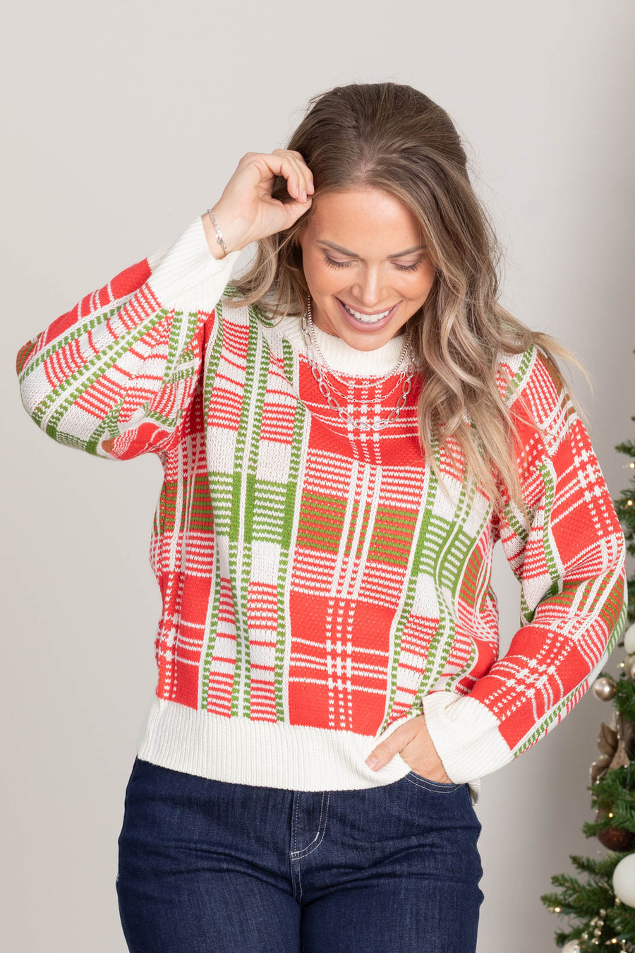 Ivory Christmas Plaid Crewneck Sweater