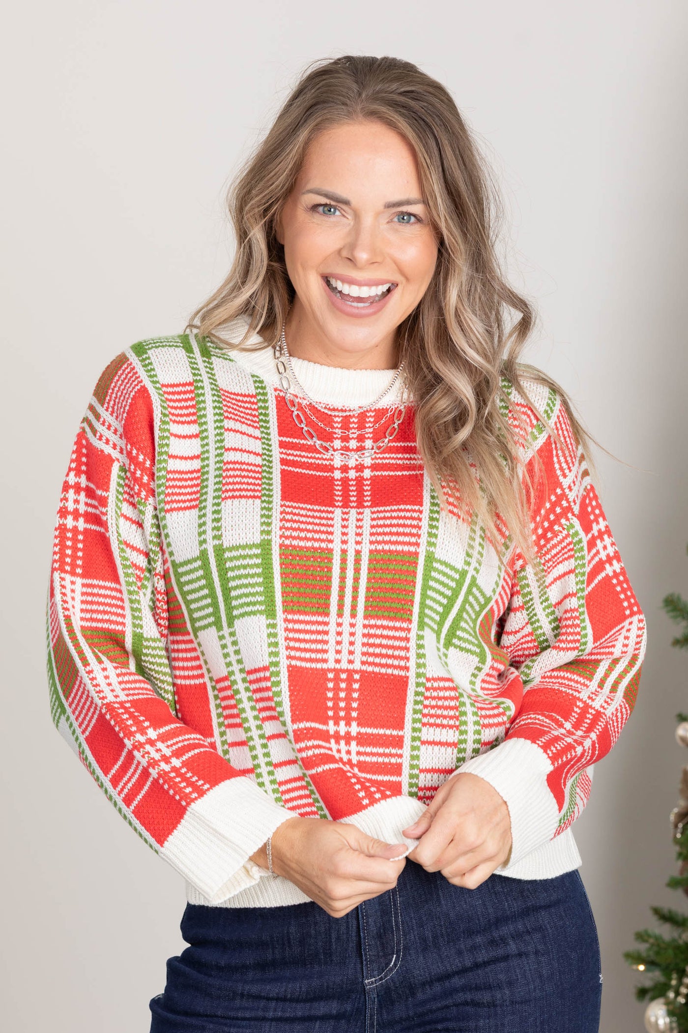 Ivory Christmas Plaid Crewneck Sweater