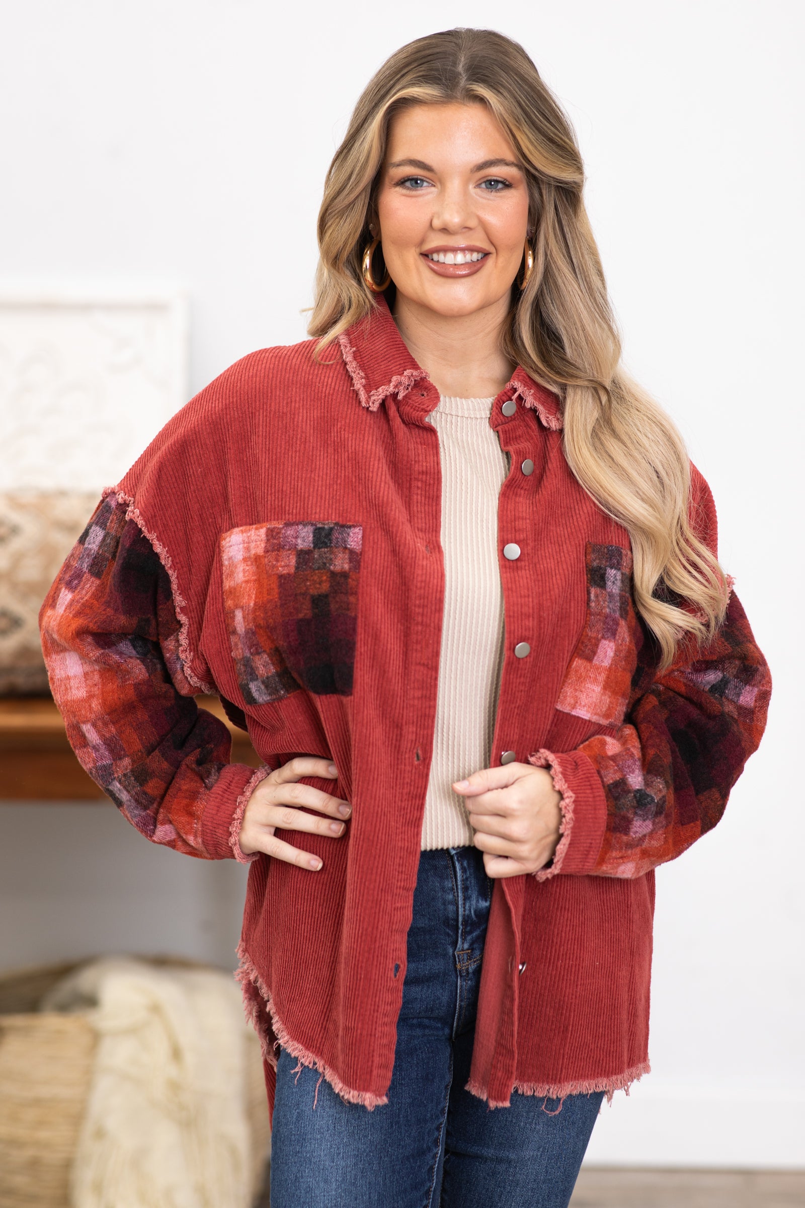 Rust Shacket With Multicolor Geo Print Sleeves · Filly Flair