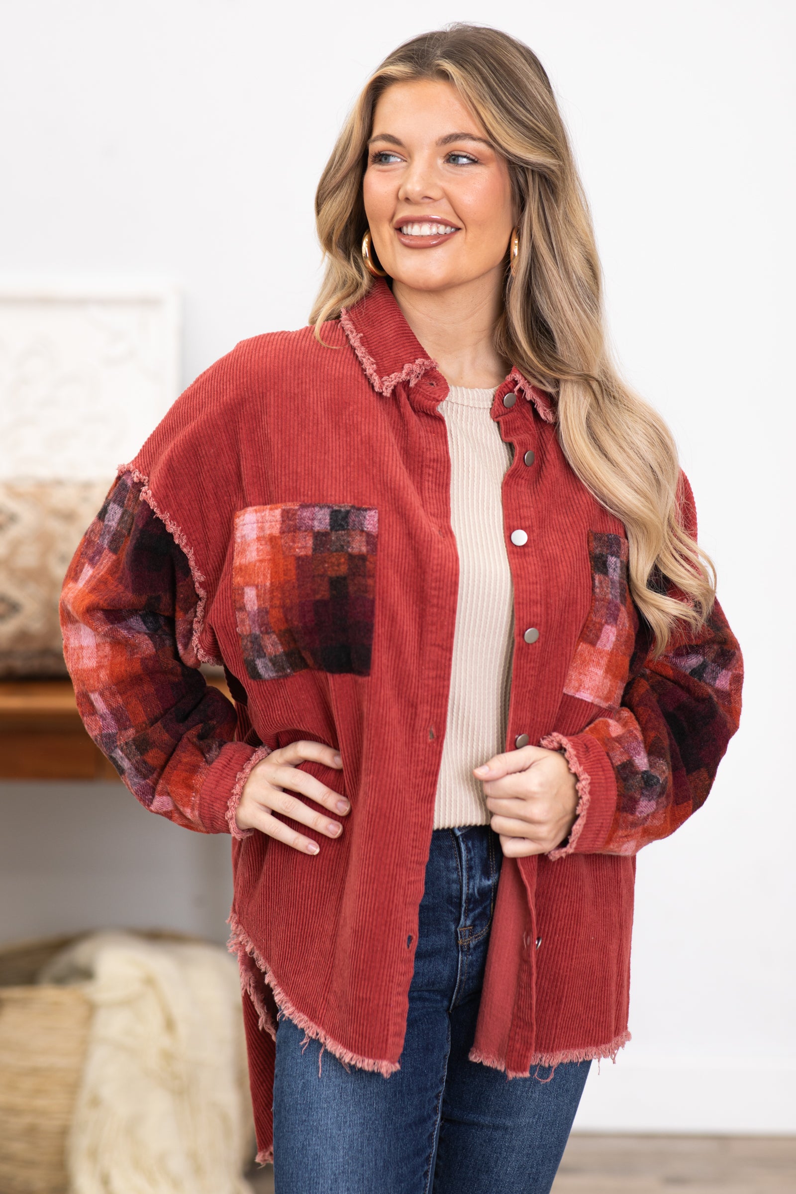Rust Shacket With Multicolor Geo Print Sleeves · Filly Flair