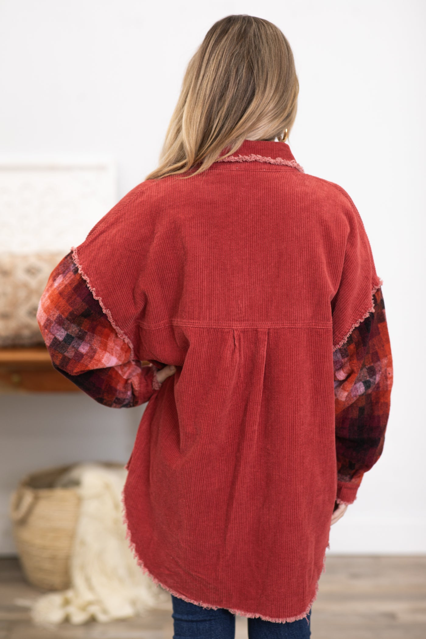 Rust Shacket With Multicolor Geo Print Sleeves · Filly Flair