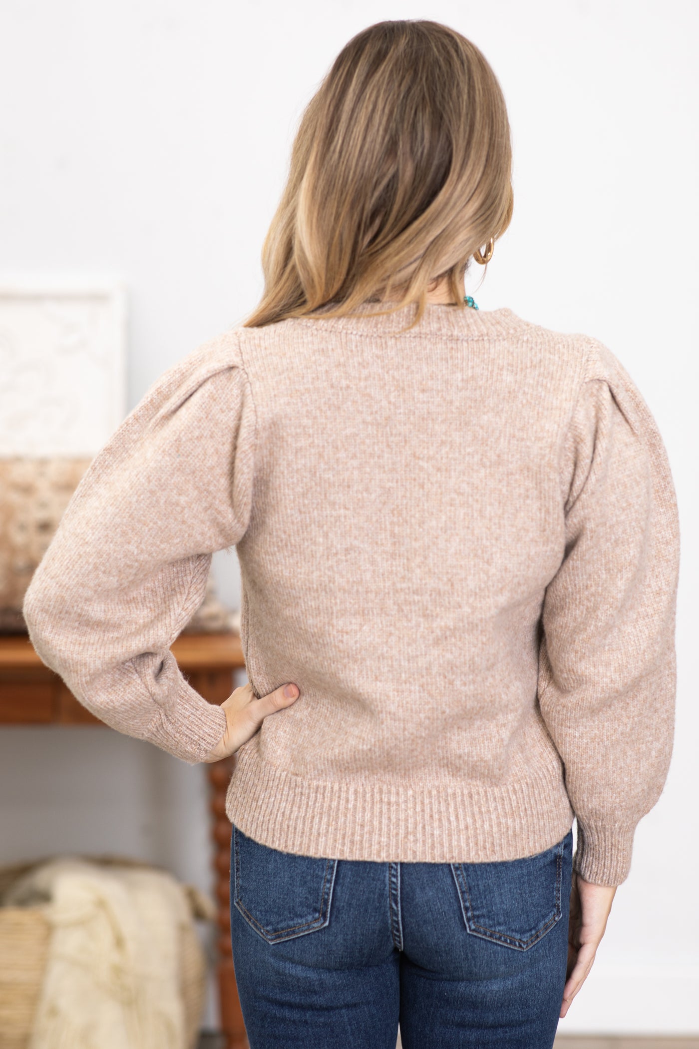Tan Melange Puff Sleeve Sweater