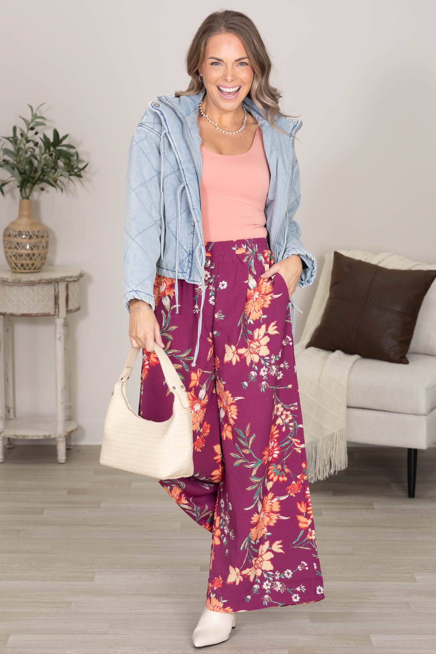 Plum Floral Print Elastic Waist Wide Leg Pants