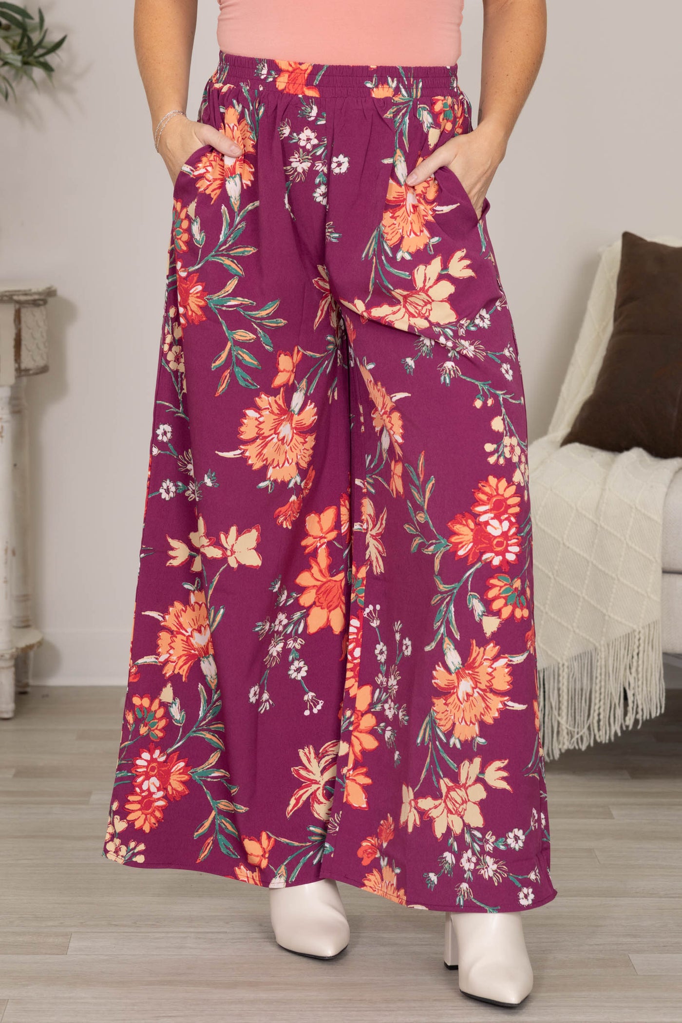 Plum Floral Print Elastic Waist Wide Leg Pants