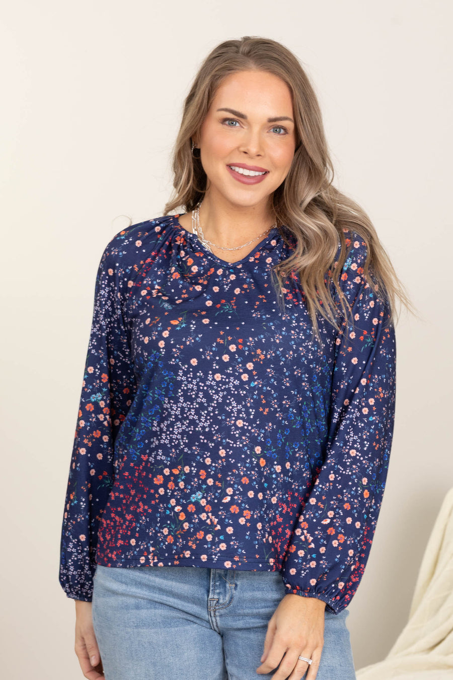 Blue Ditsy Floral Bubble Sleeve Top With Notch Neck