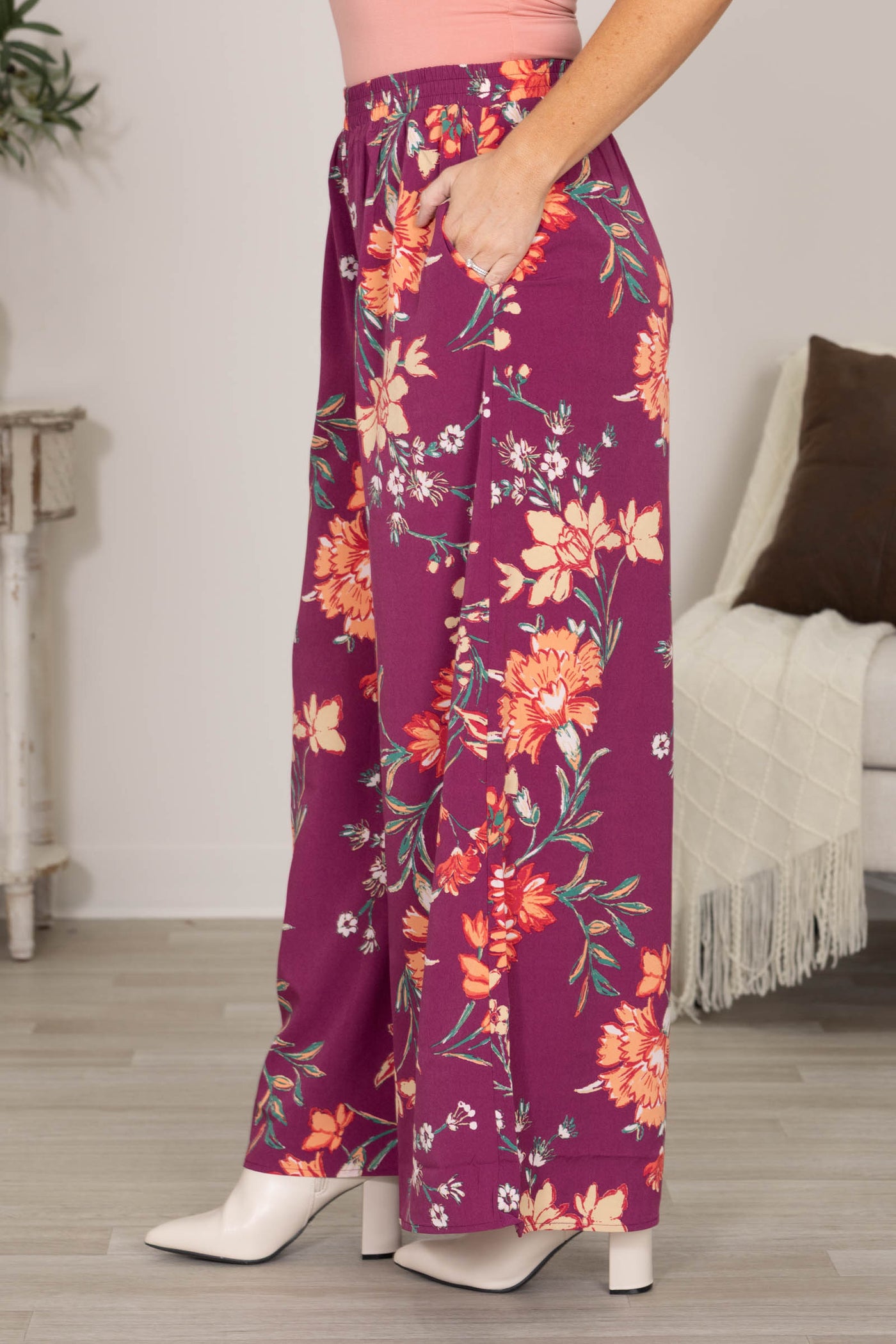 Plum Floral Print Elastic Waist Wide Leg Pants