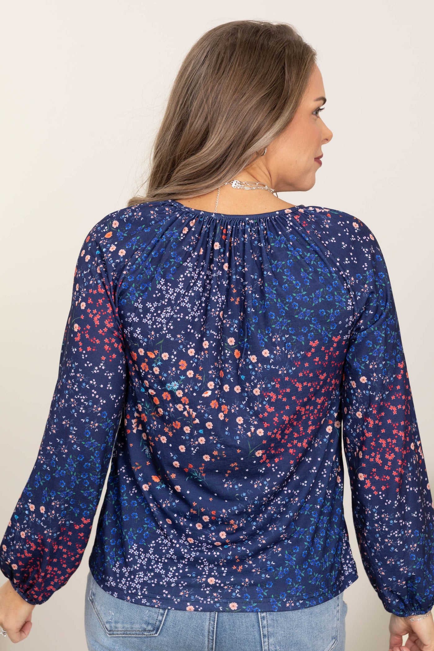 Blue Ditsy Floral Bubble Sleeve Top With Notch Neck