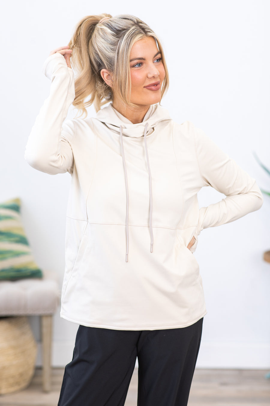 Light Beige Hooded Active Top