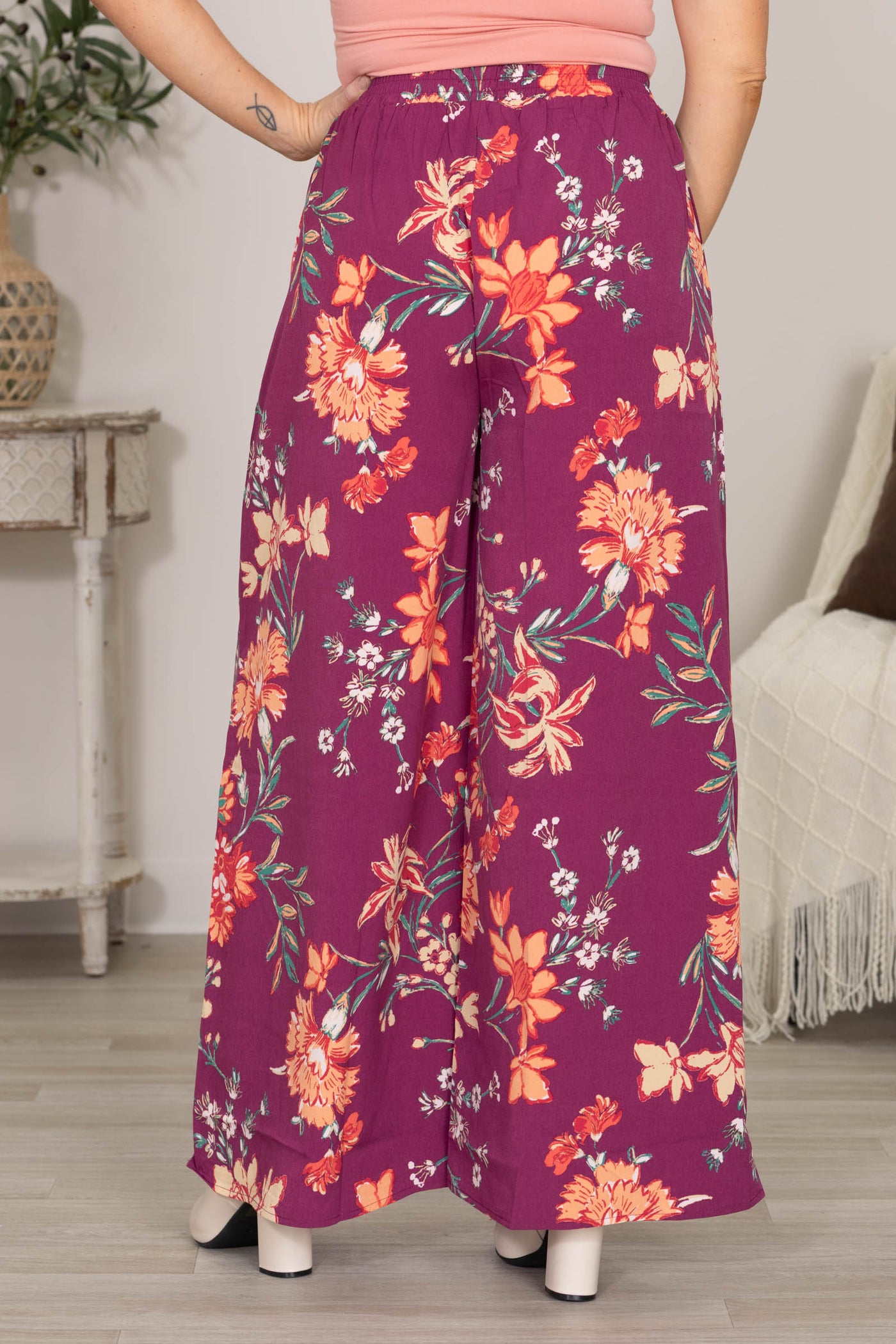 Plum Floral Print Elastic Waist Wide Leg Pants