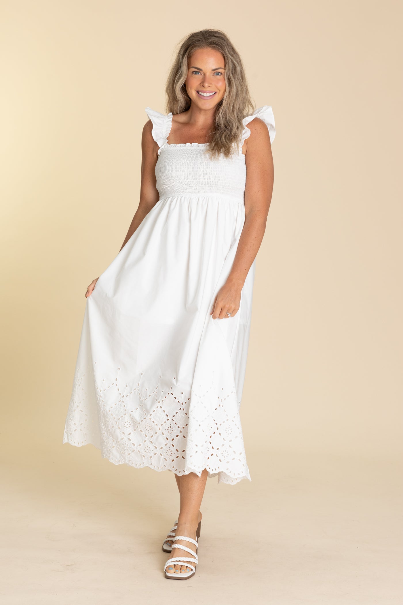 Smocked Ruffle Sleeve Eyelet Hem Midi Dresses Filly Flair Smocked Ruffle Sleeve Eyelet Hem Midi Dresses Filly Flair