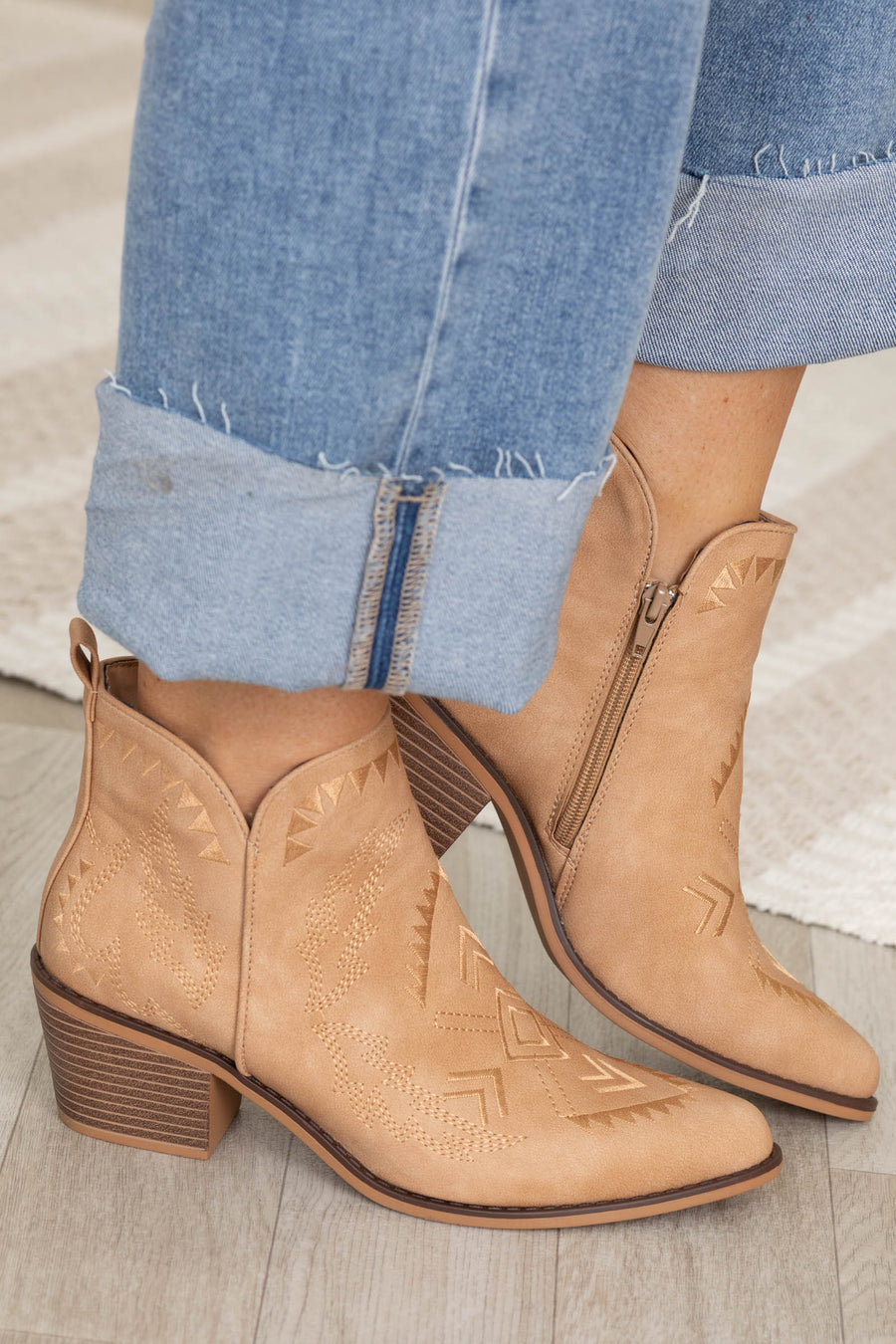 Camel Pointed Toe Aztec Stitch Bootie