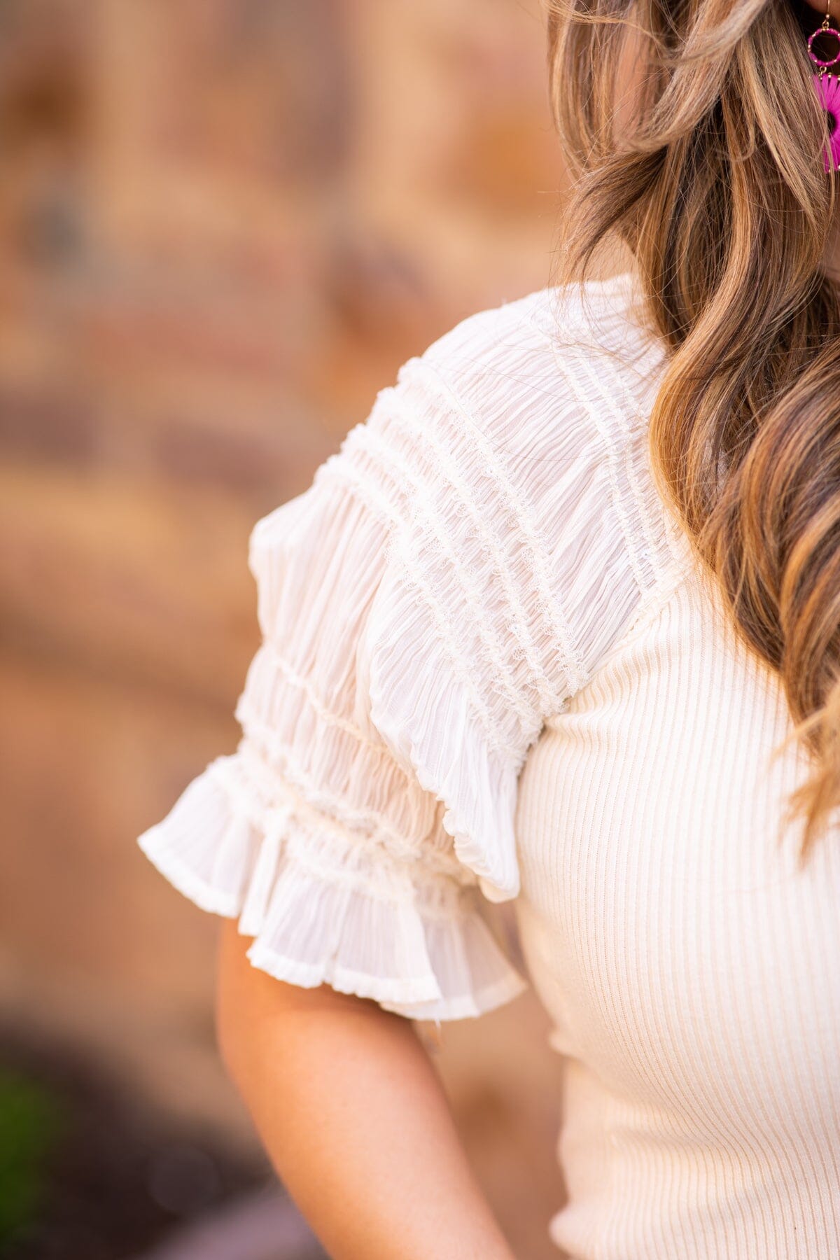 Cream Ribbed Top With Pleated Puff Sleeve - Filly Flair