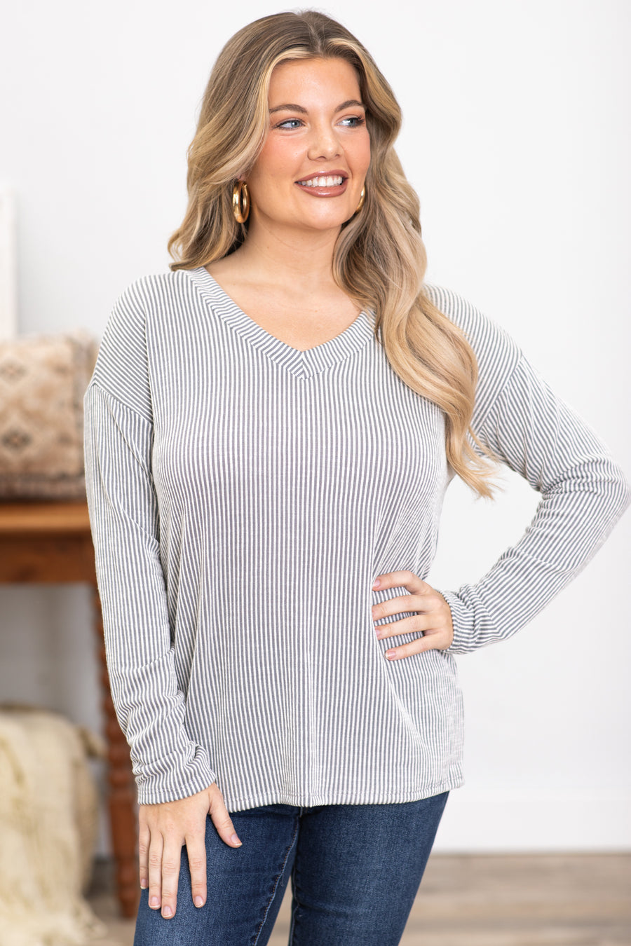 Grey Ribbed V-Neck Long Sleeve Top