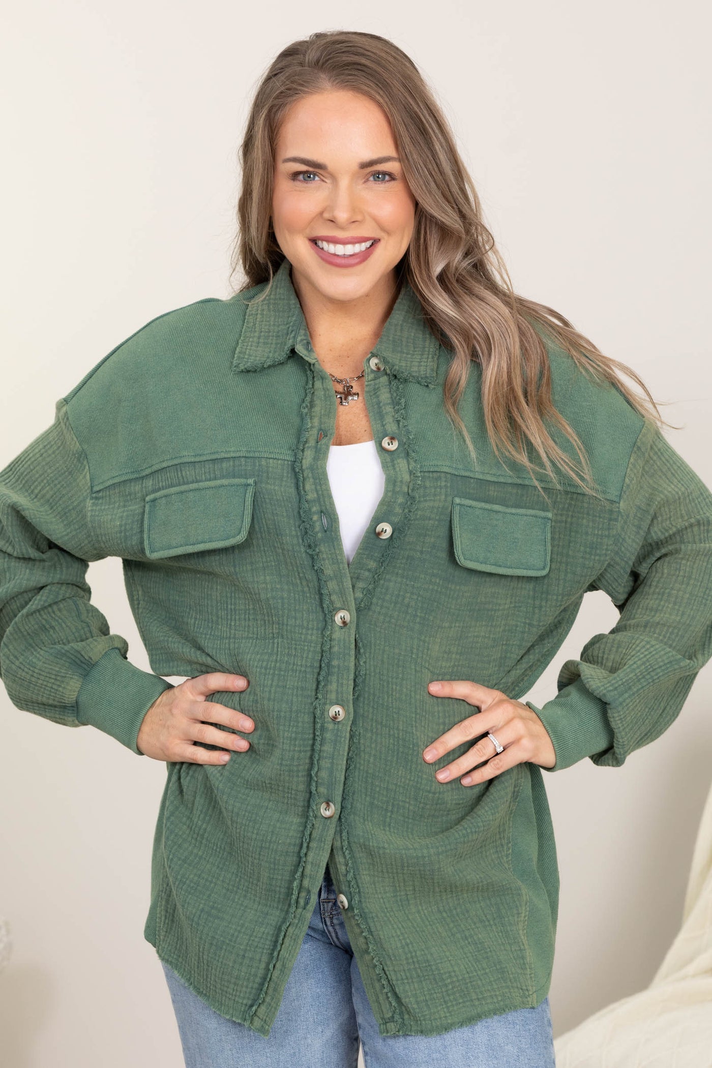 Garment Dyed Boyfriend Fit Button Up Top