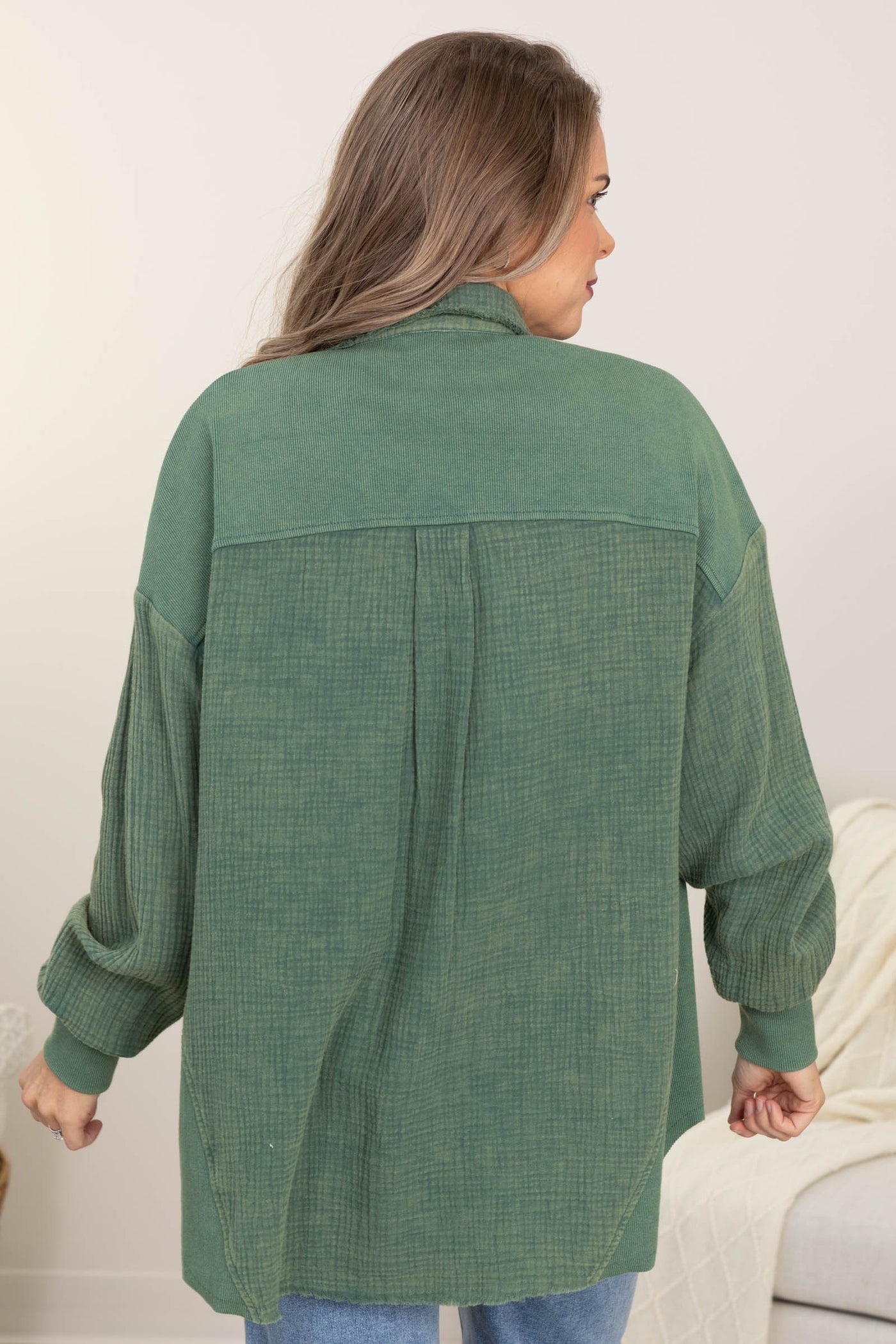 Garment Dyed Boyfriend Fit Button Up Top