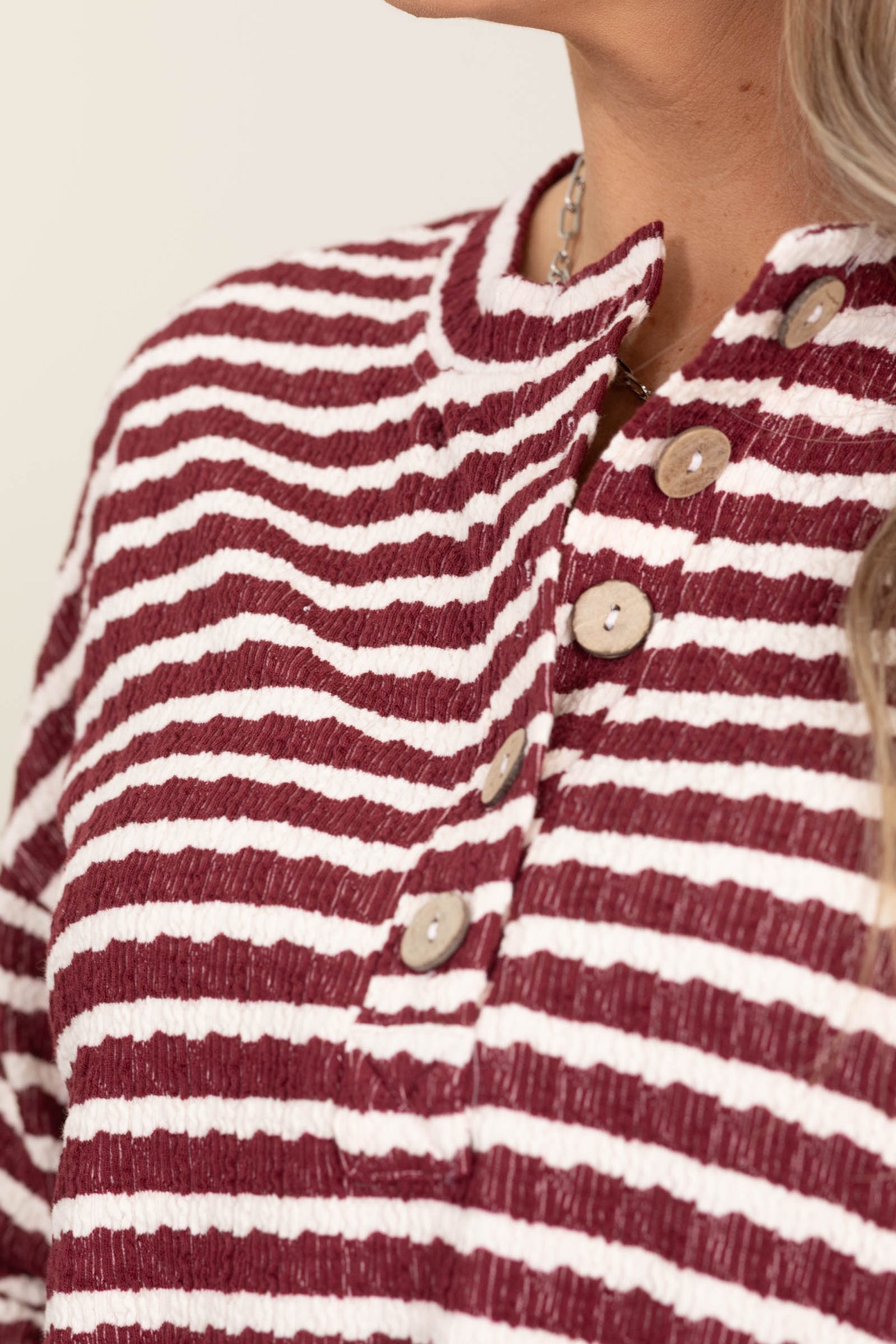 Stripe Textured Long Sleeve Henley Knit Tops