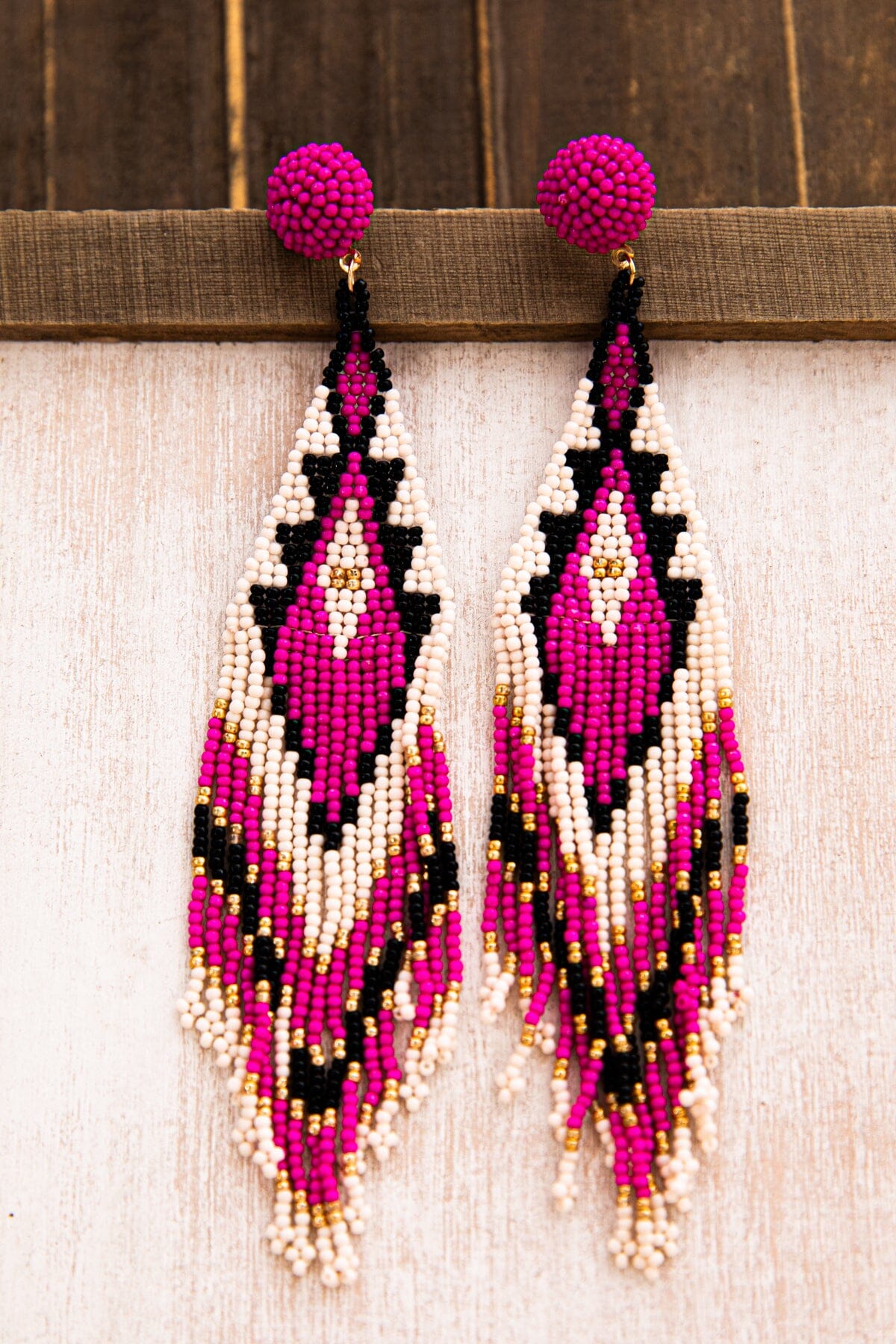 Fuchsia and Ivory Aztec Seed Bead Earrings - Filly Flair
