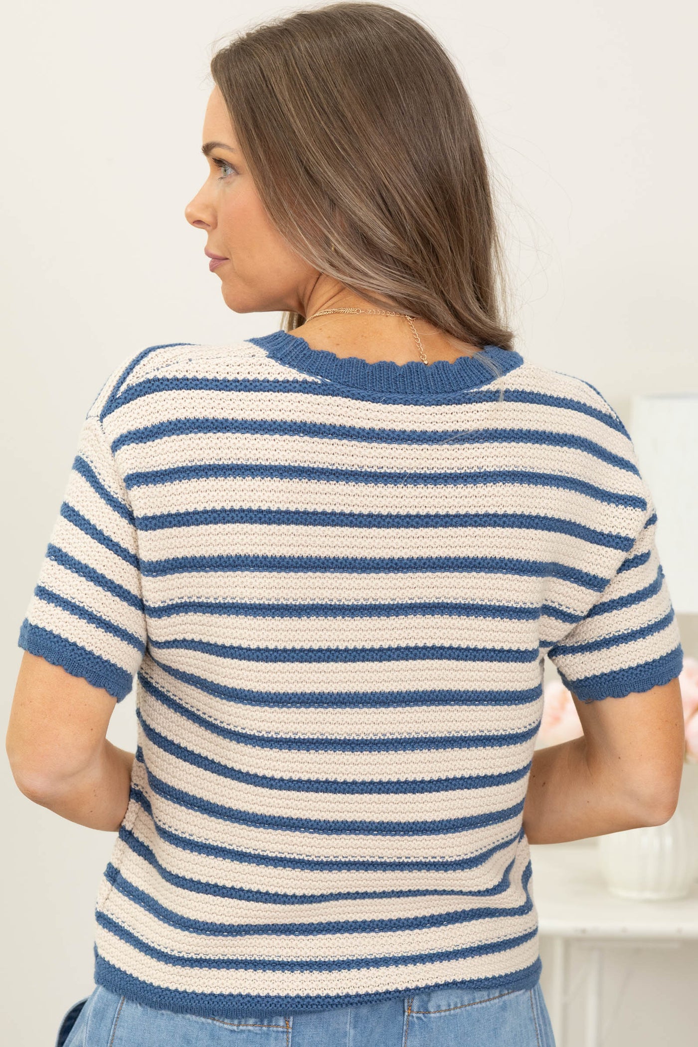 Slate Blue Floral Embroidered Striped Sweater Top- 100% Cotton