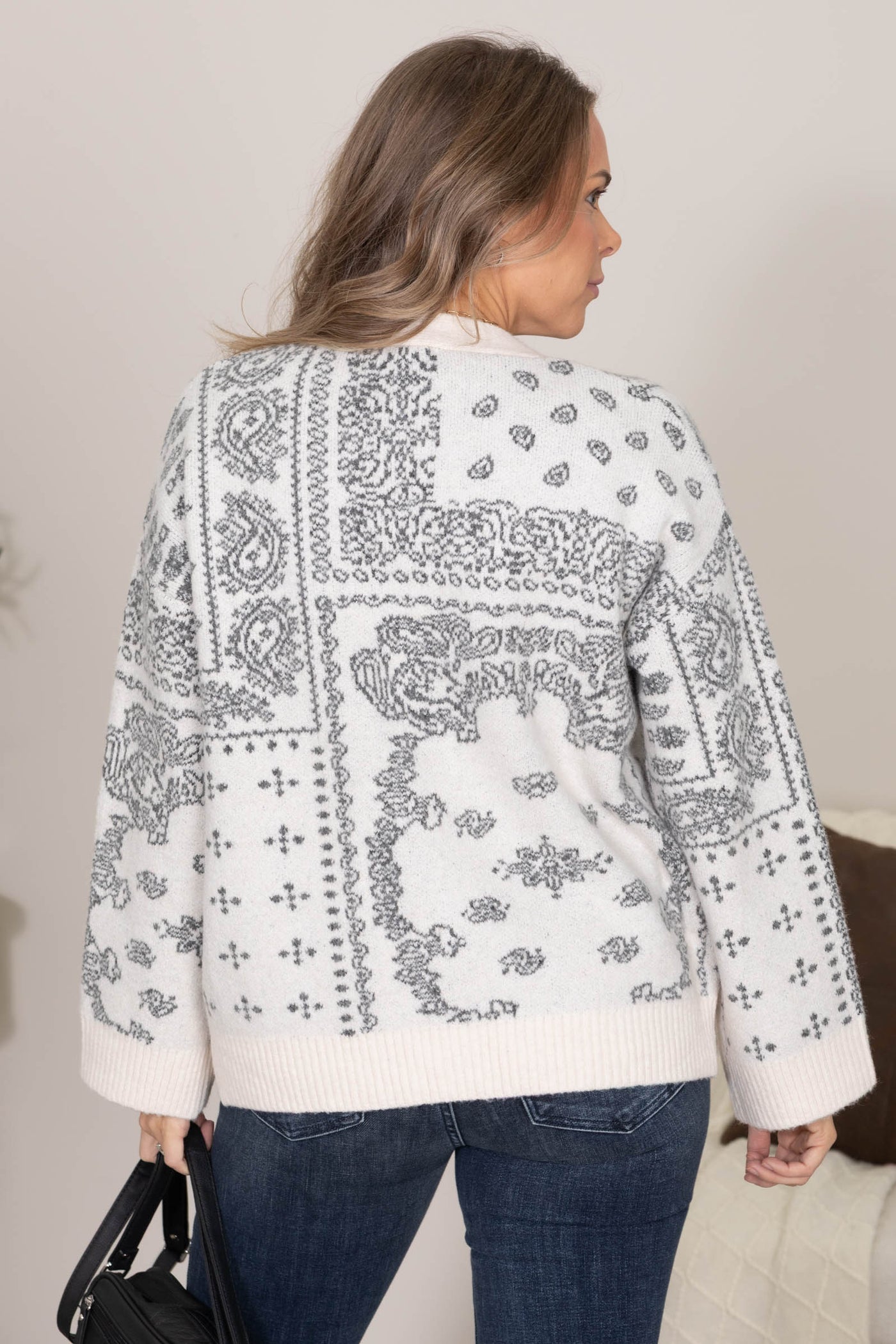 Beige Vintage Print Soft Knit Cardigan