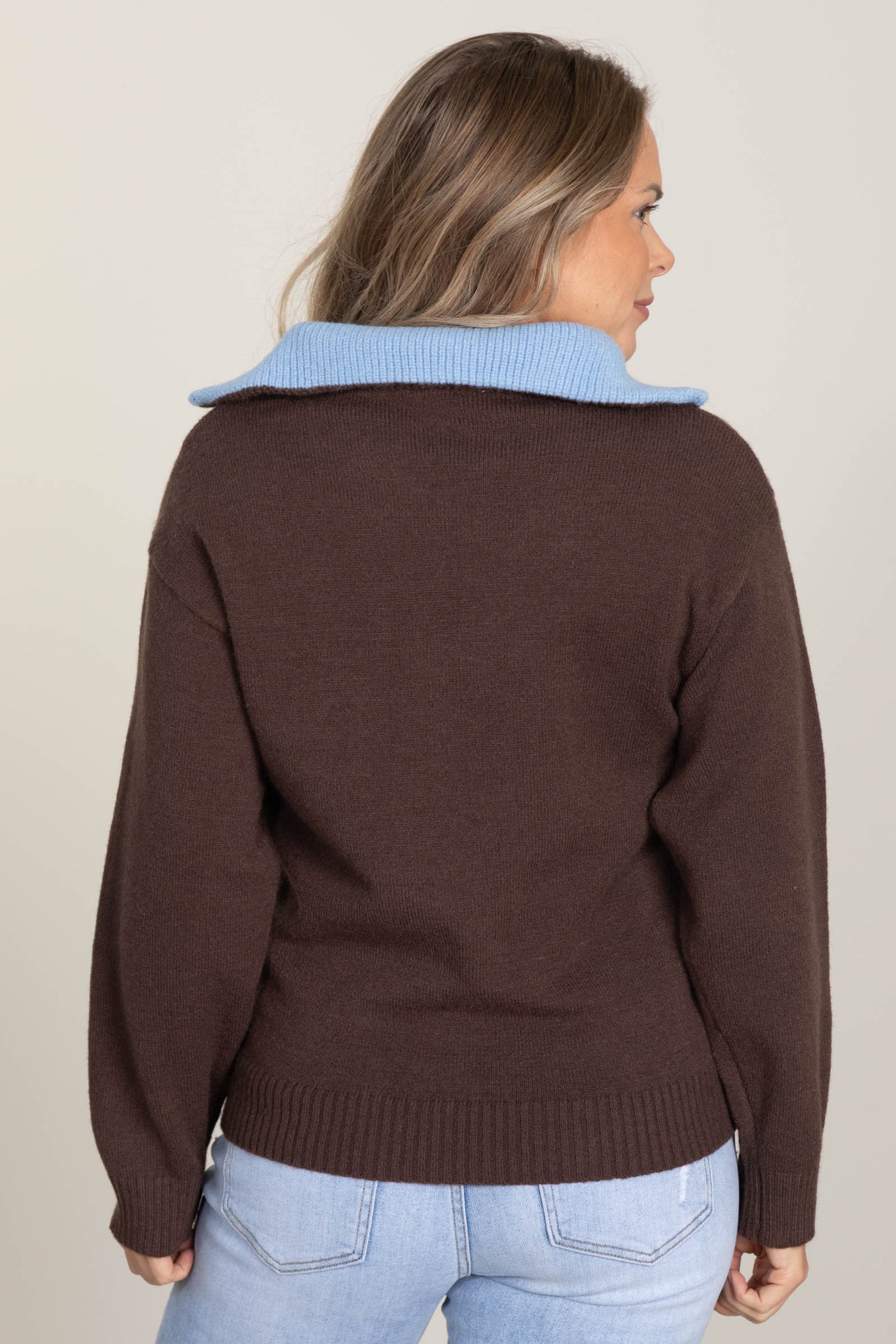 Brown Color Contrast Accent Zip Up Sweater