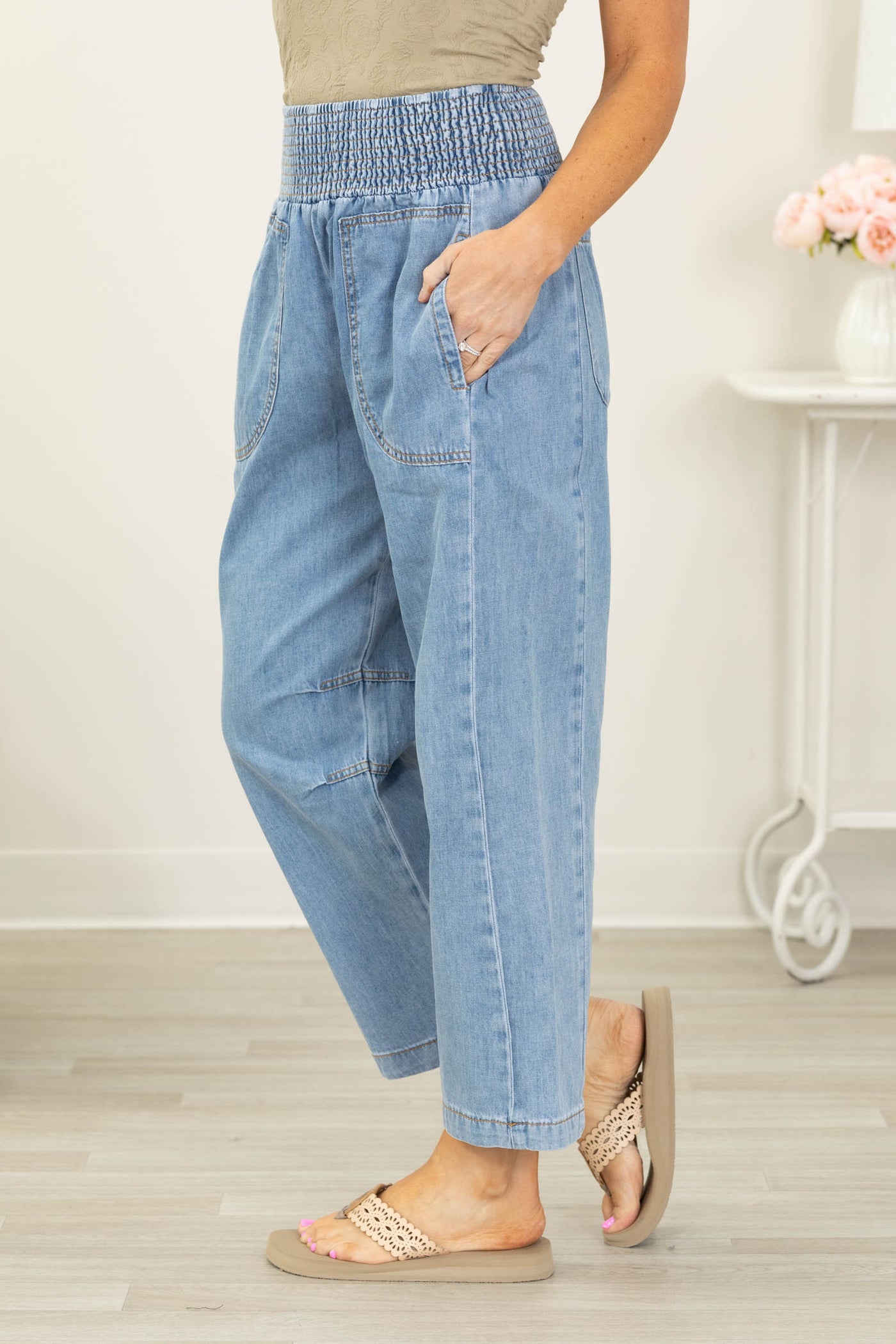 Denim Blue Smocked Waist Barrel Pants