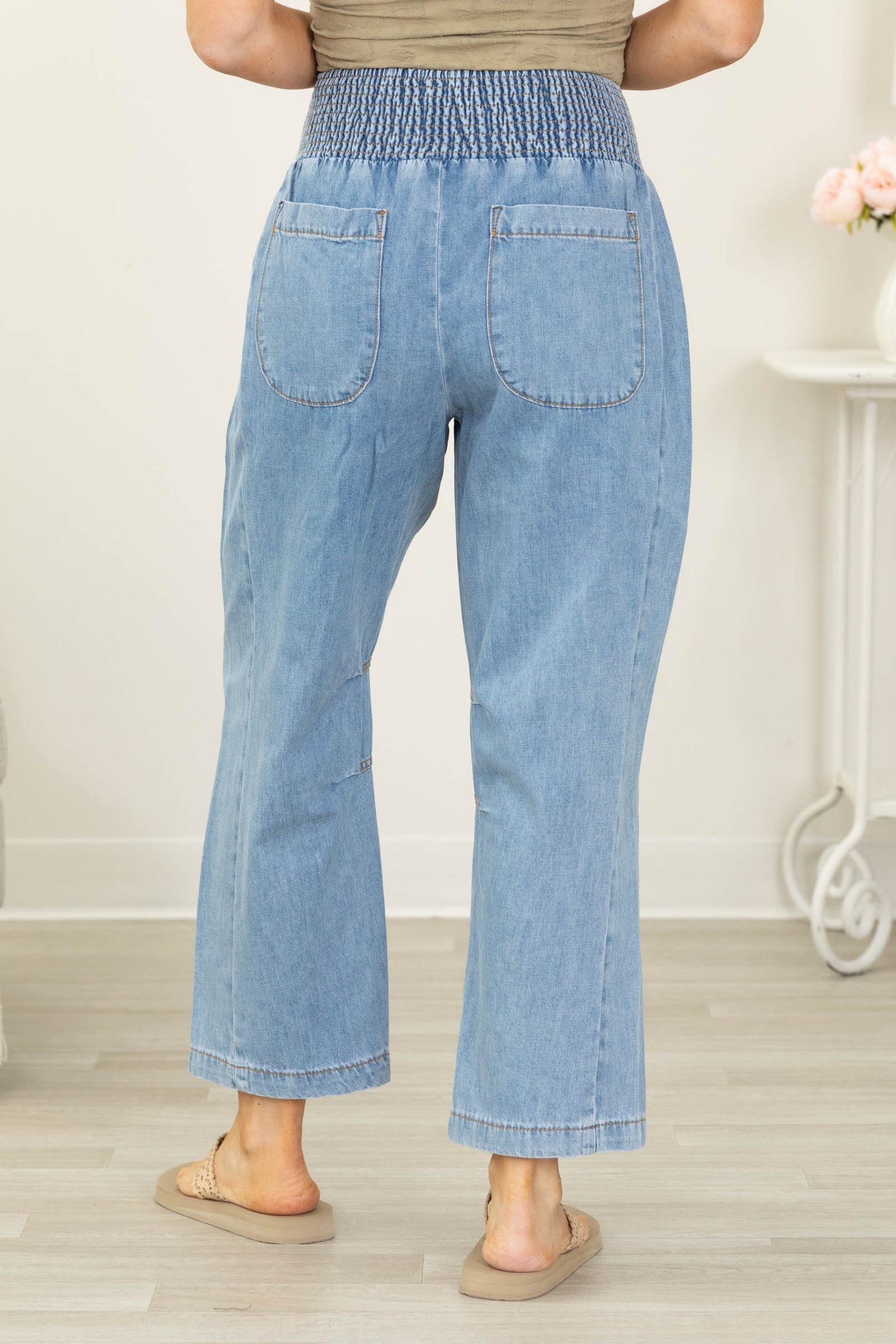 Denim Blue Smocked Waist Barrel Pants