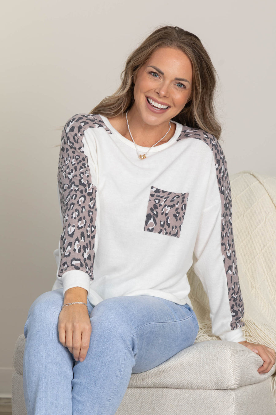 Mocha Abstract Print Knit Long Sleeve Top