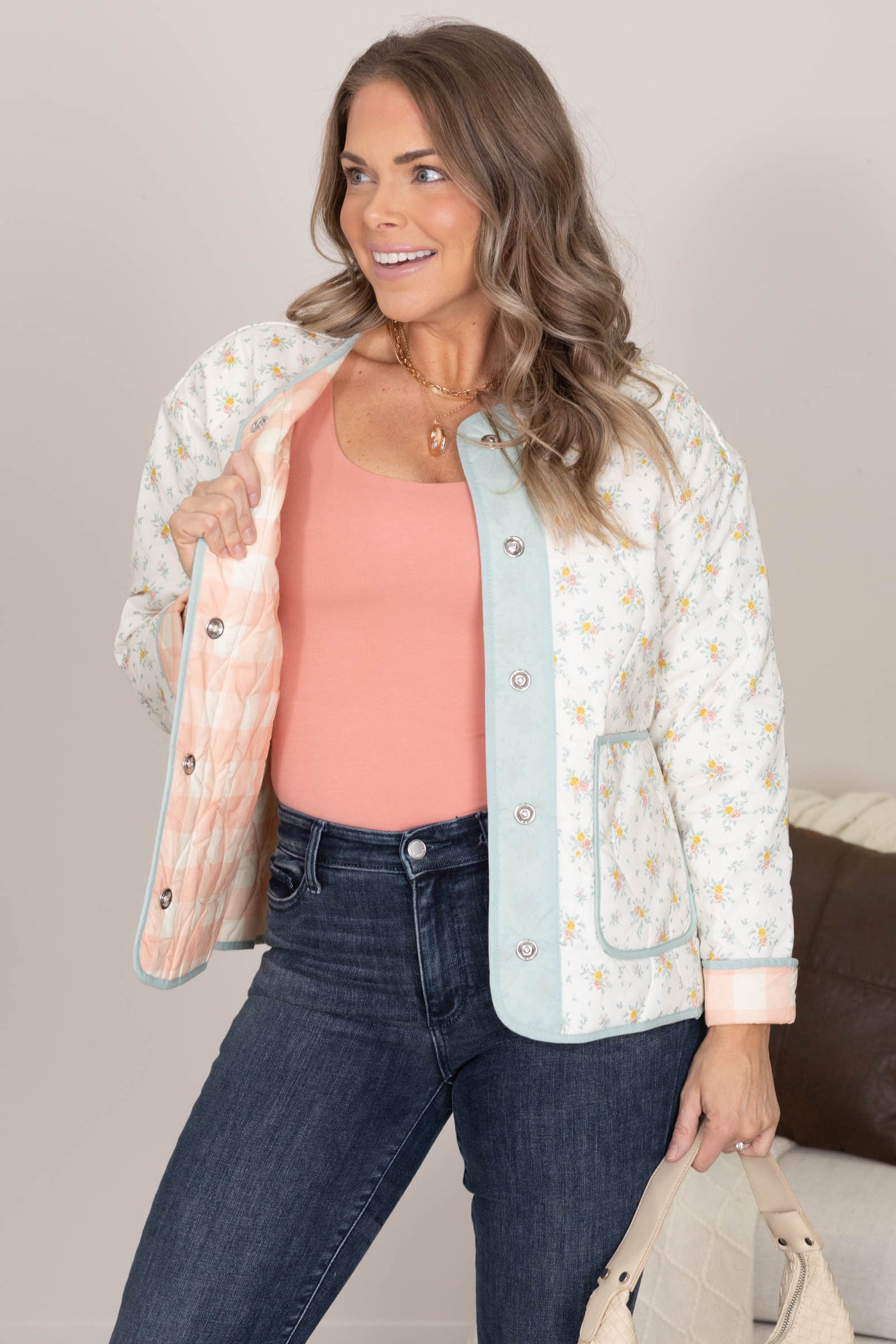 Off White Floral Quilted Lined Jacket