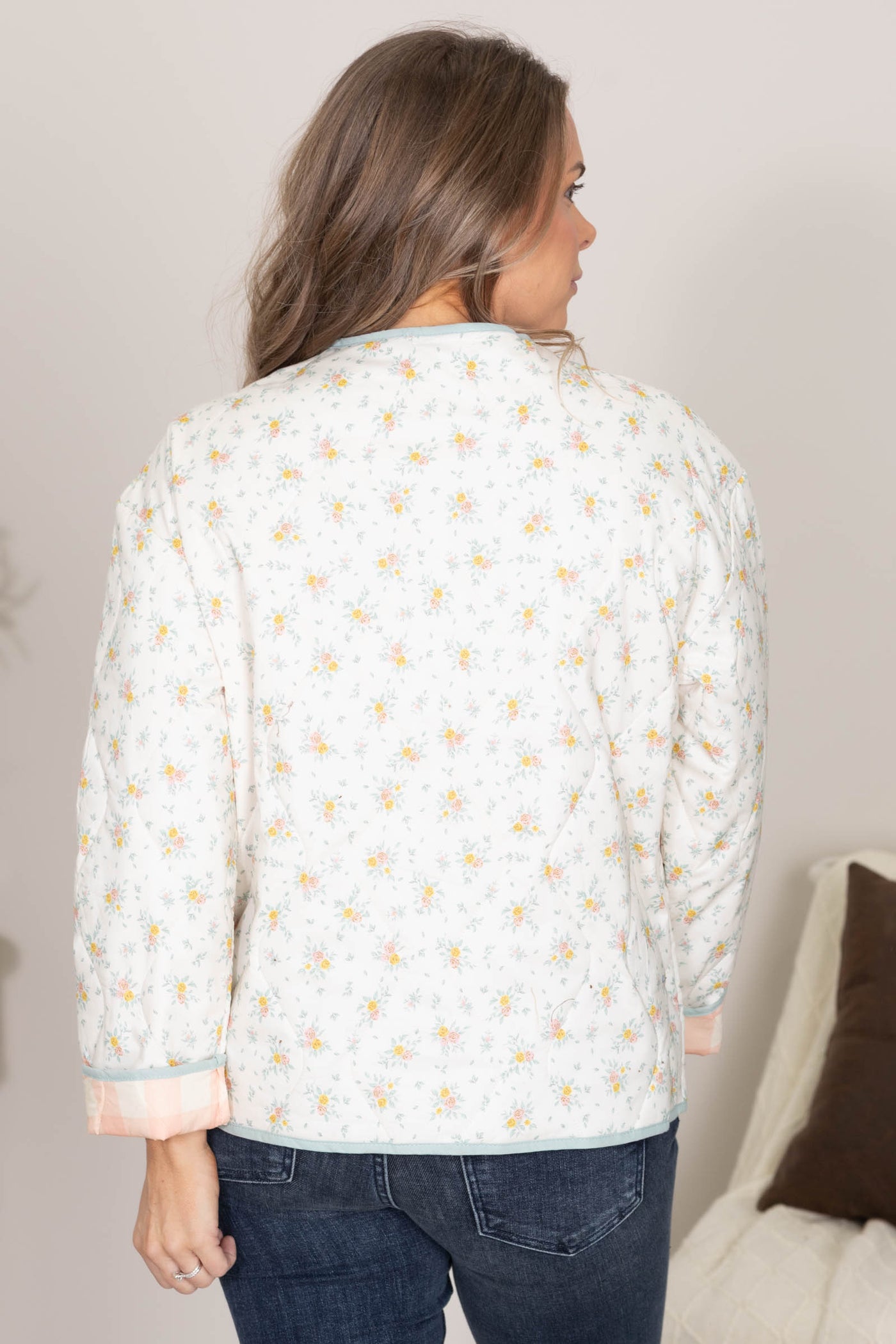 Off White Floral Quilted Lined Jacket