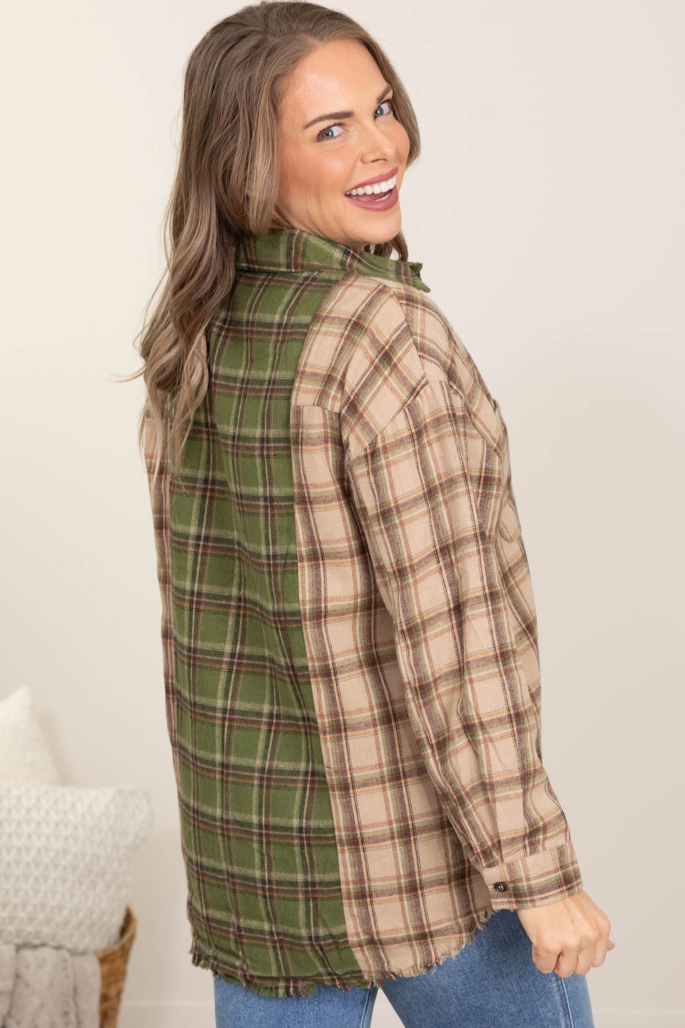 Taupe Colorblock Plaid Button Down Woven Top