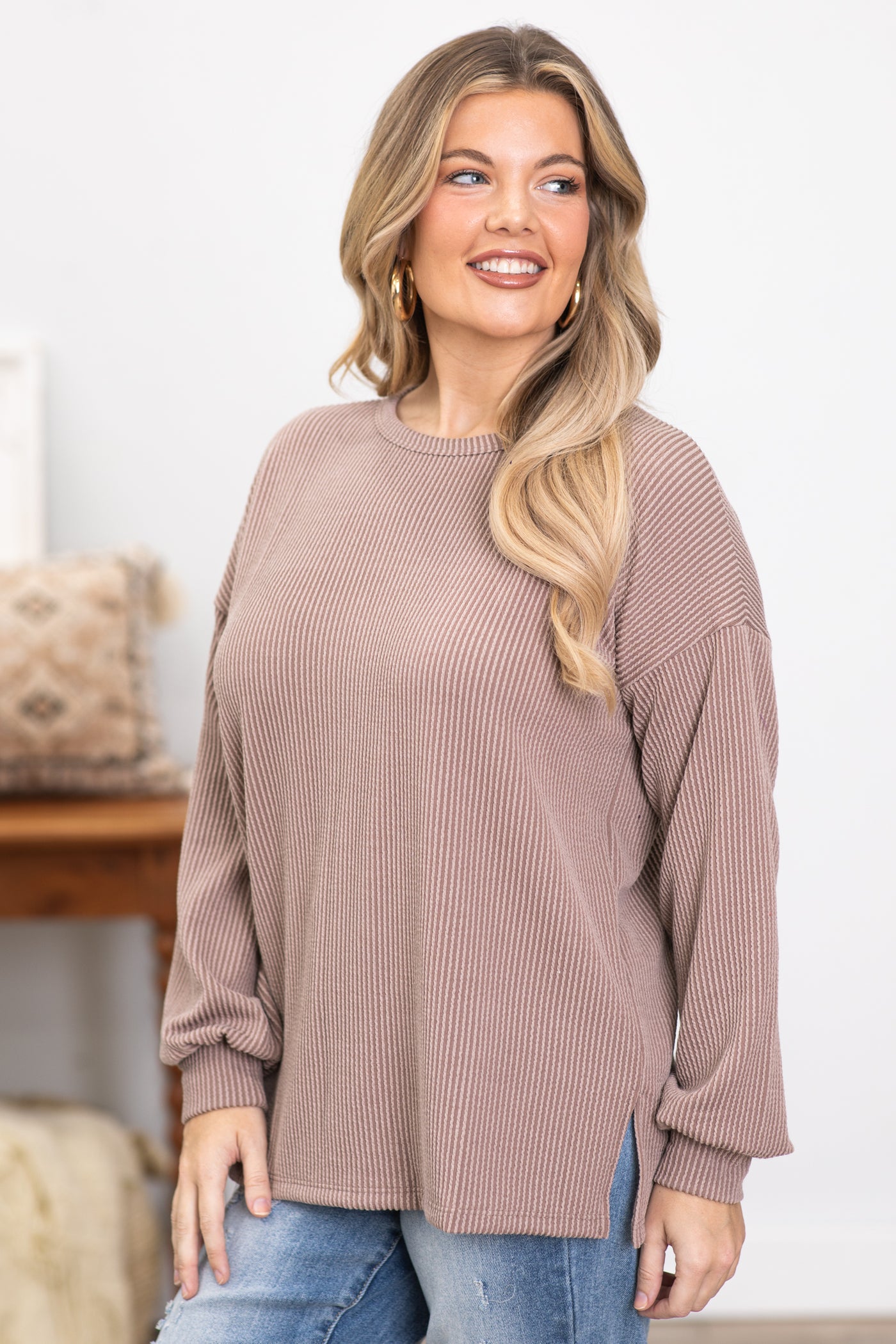 Mocha Ribbed Top With Side Slits